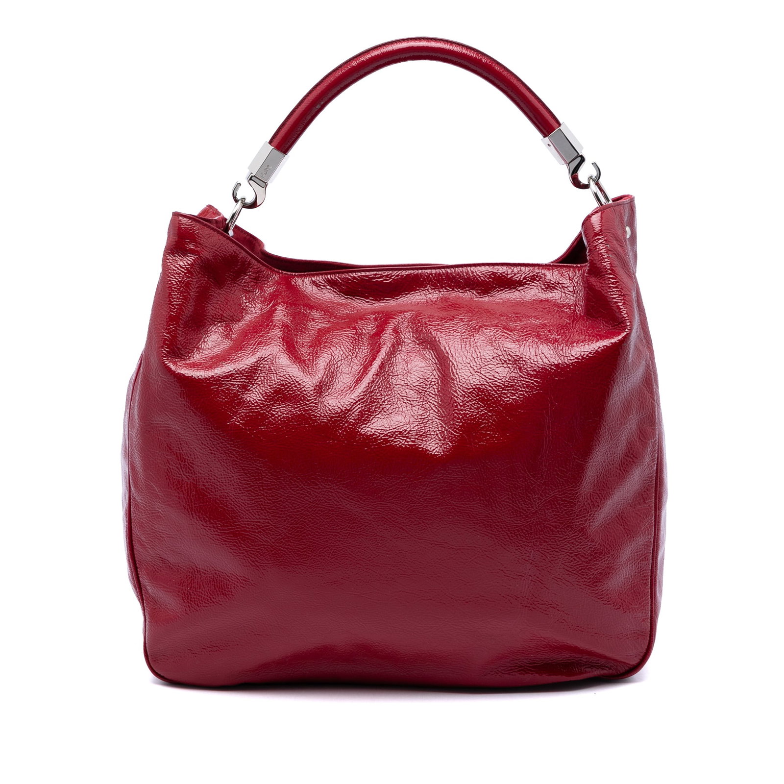 Saint Laurent Roady Hobo Red Crinkled Patent Leather Bag: Saint Laurent Roady Hobo Red Crinkled Patent Leather Bag A Saint Laurent Crinkled Patent Roady Hobo handbag in red, made in Italy. It features a patent leather body, a rolled leather handle, an open t