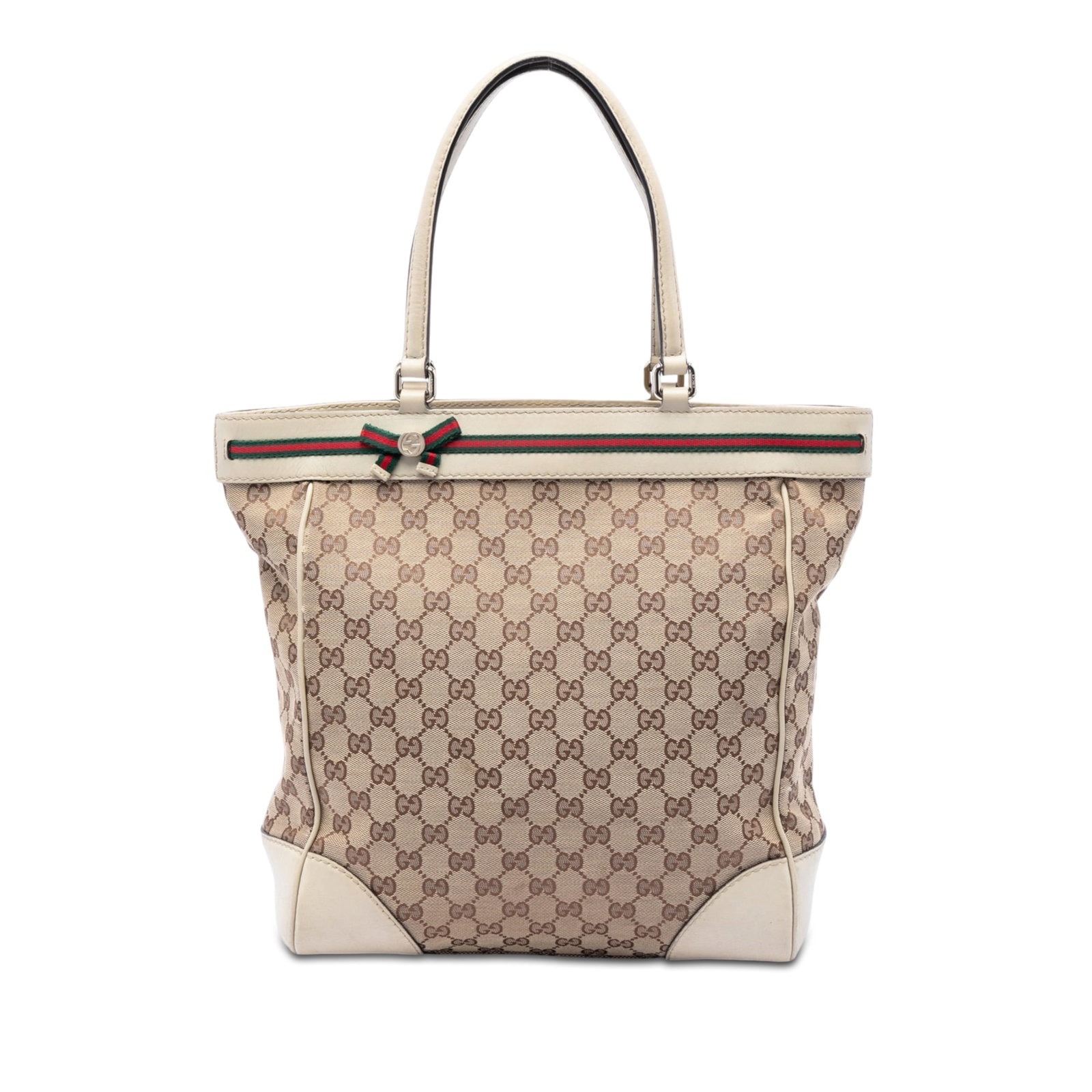 Gucci Mayfair GG Canvas Tote Bag: Gucci Mayfair GG Canvas Tote Bag This Gucci GG Canvas Web Mayfair Tote features a beige canvas body with leather trim, flat leather straps, and signature web and ribbon detailing at the top panel. The