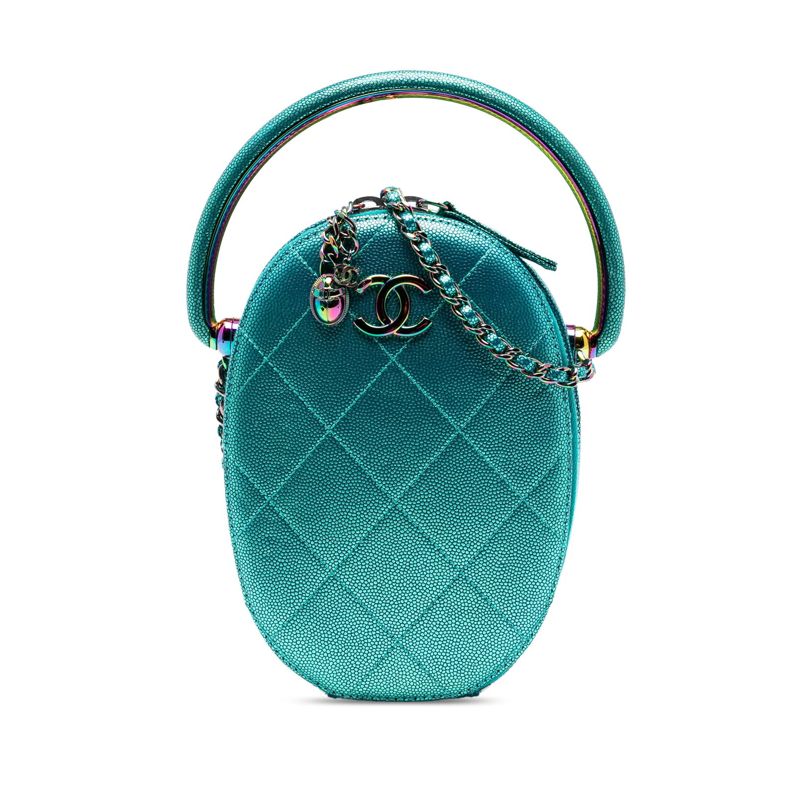 Chanel Oval Camera Bag in Blue Metallic Quilted Caviar Leather with Rainbow Hardware: Chanel Oval Camera Bag in Blue Metallic Quilted Caviar Leather with Rainbow Hardware This Chanel Quilted Metallic Caviar Oval Camera Bag features a blue caviar leather body with a quilted finish, a ro