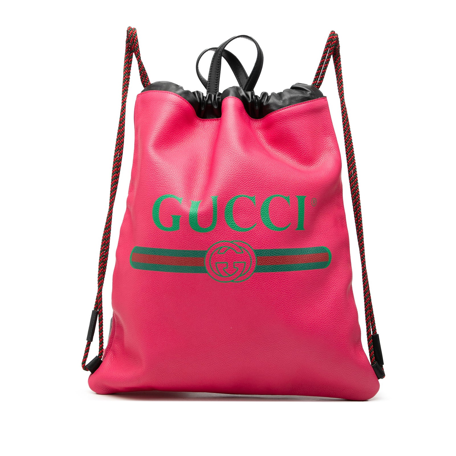 Pink Leather Backpack with Drawstring Closure by Gucci: Pink Leather Backpack with Drawstring Closure by Gucci This Gucci Leather Logo Drawstring Backpack features a pink leather body with flat top handles, rolled back straps, a top drawstring closure, and