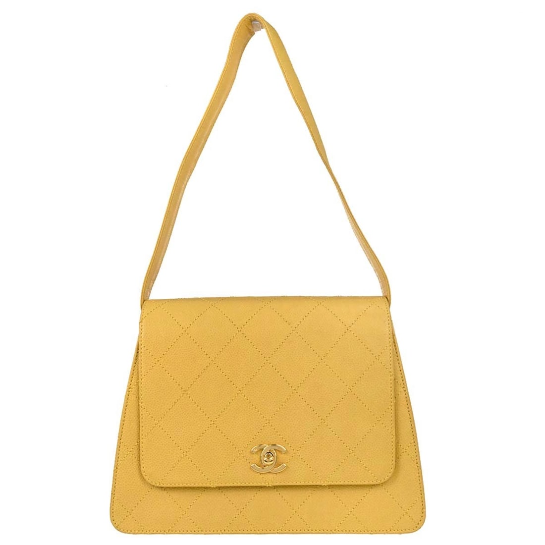 CHANEL Caviar Medium Yellow Leather Turnlock Handbag: CHANEL Caviar Medium Yellow Leather Turnlock Handbag Medium Chanel handbag in yellow caviar skin leather with a turnlock closure, logo accents, and yellow leather lining. Made in France, this women's 