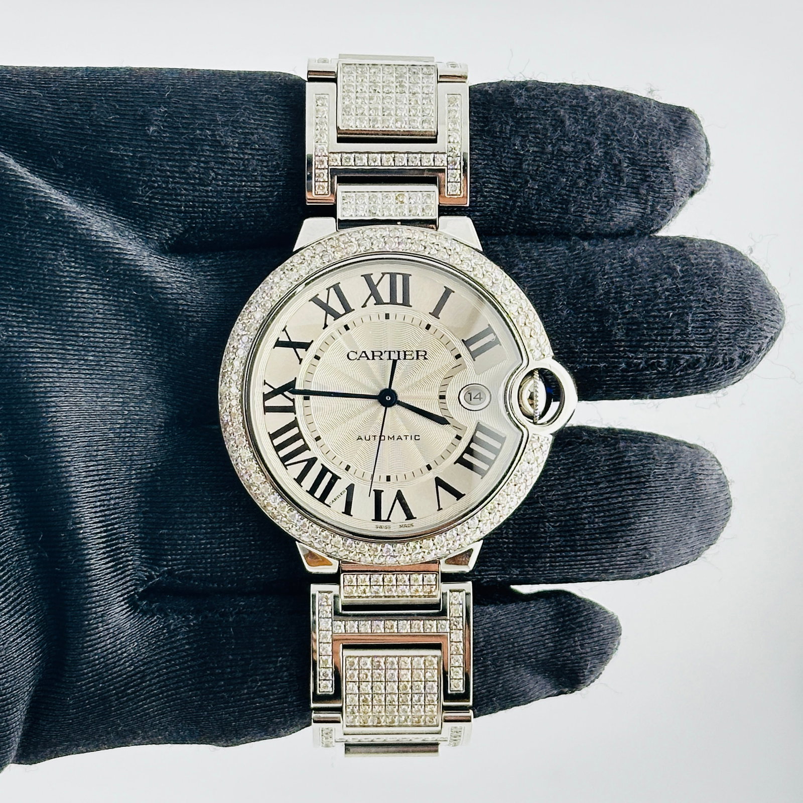 Cartier Ballon Bleu 3765 Silver Dial Watch with Diamond Bezel and Bracelet Plus Card: Cartier Ballon Bleu 3765 Silver Dial Watch with Diamond Bezel and Bracelet Plus Card This Cartier Ballon Bleu watch features a silver dial, a diamond bezel, and a diamond bracelet. It is identified by
