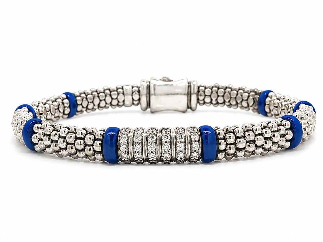 Lagos Caviar blue ceramic station bead bracelet sterling silver diamonds (1 of 9)