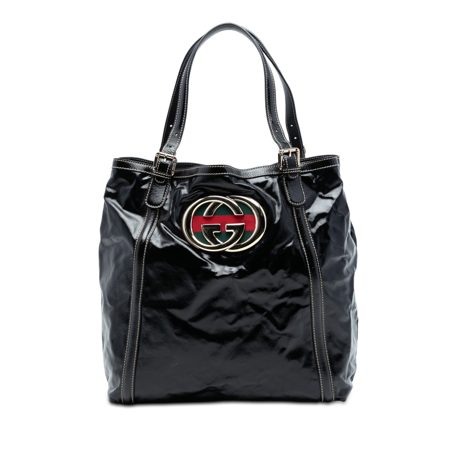 Gucci Britt Web Black Patent Leather Dialux Tote Bag: Gucci Britt Web Black Patent Leather Dialux Tote Bag This Gucci Patent Dialux Britt Web Tote features a patent leather body with signature web details, adjustable flat leather straps, an open top with
