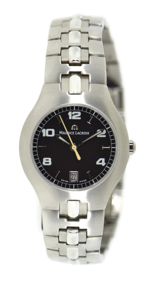 Maurice Lacroix Miros Quartz Stainless Steel Watch 28mm with Box and Papers: Maurice Lacroix Miros Quartz Stainless Steel Watch 28mm with Box and Papers The Maurice Lacroix Miros Stainless Steel Watch combines elegance with precision. This wristwatch features a sleek black dia