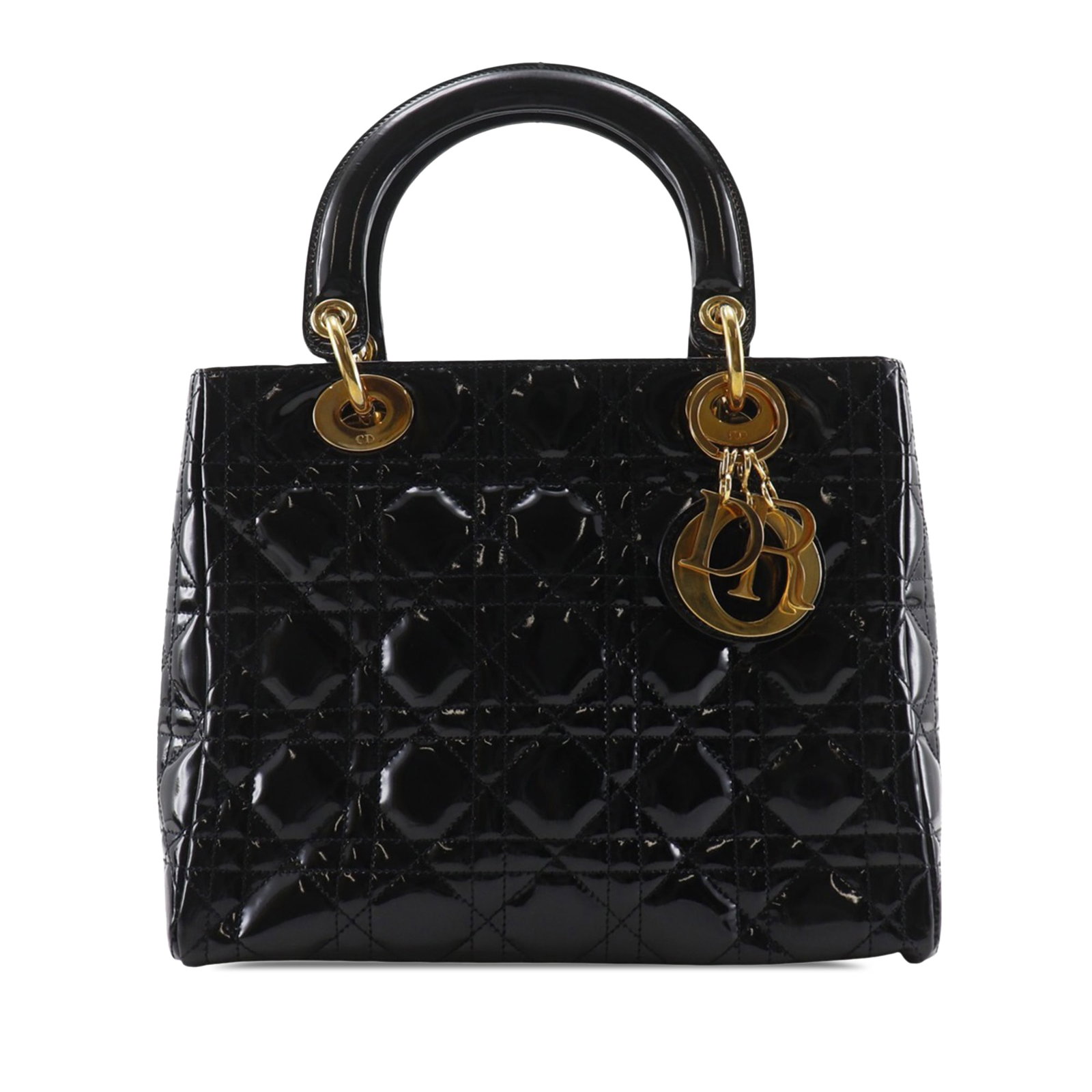 Dior Lady Dior Medium Black Patent Leather Cannage Handbag: Dior Lady Dior Medium Black Patent Leather Cannage Handbag Medium Patent Cannage Lady Dior bag in black quilted patent leather with flat leather top handles, a top zip closure, and an interior zip poc