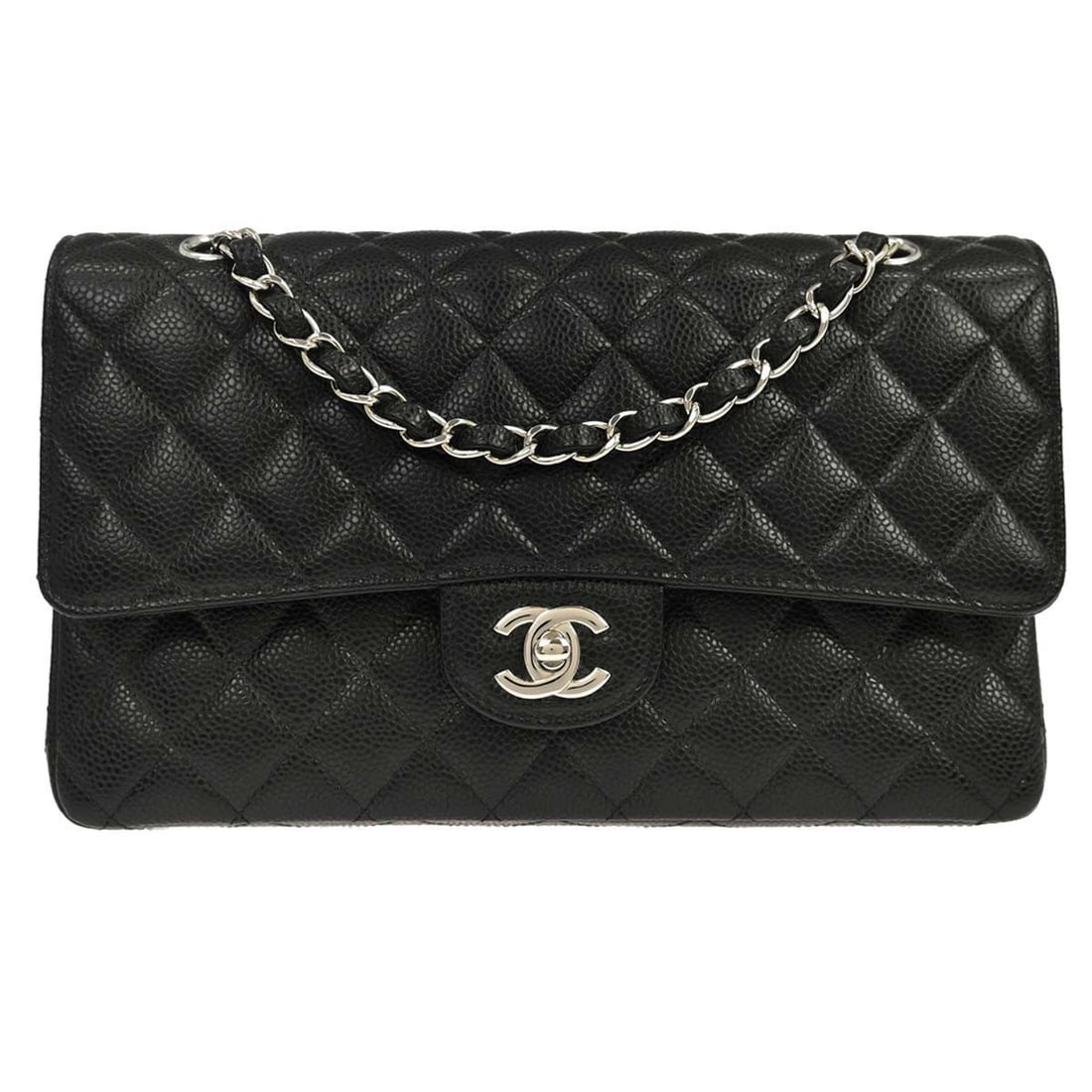 CHANEL Classic Double Flap Medium Black Caviar Leather Shoulder Bag: CHANEL Classic Double Flap Medium Black Caviar Leather Shoulder Bag Chanel Classic Double Flap Medium shoulder bag in black caviar skin leather with a matelasse pattern and logo accent. It features a 
