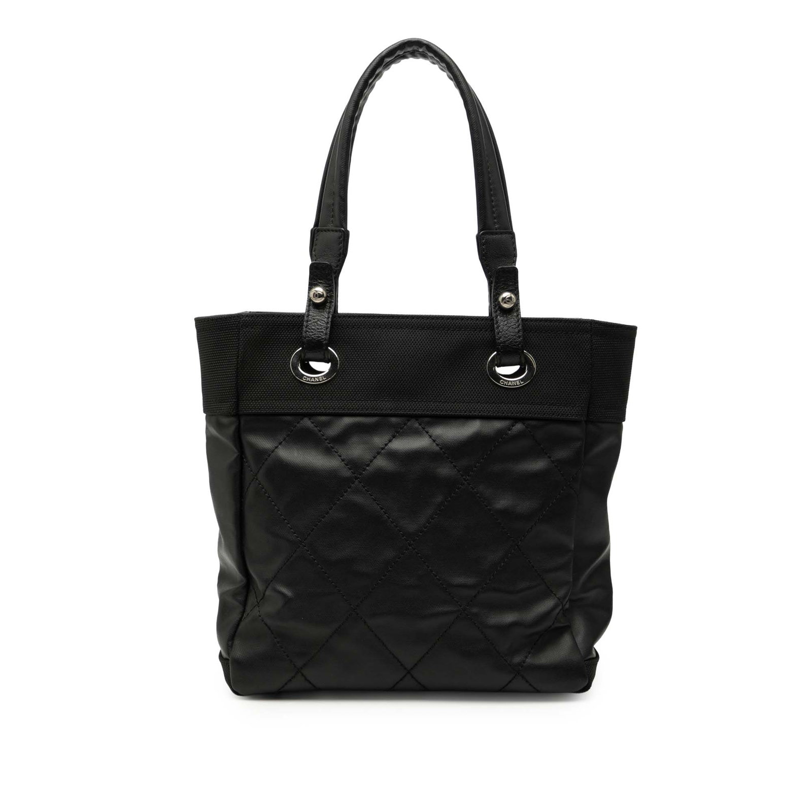 Chanel Paris Biarritz Small Black Quilted Coated Canvas Tote Bag: Chanel Paris Biarritz Small Black Quilted Coated Canvas Tote Bag This Chanel Small Quilted Coated Canvas Paris Biarritz Tote features a quilted coated canvas body with nylon trim, flat handles, a top 