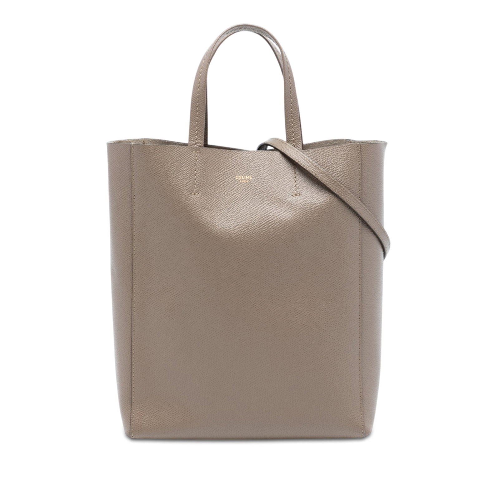 Celine Vertical Cabas Small Brown Leather Satchel with Detachable Strap: Celine Vertical Cabas Small Brown Leather Satchel with Detachable Strap This Celine Small Grained Calfskin Vertical Cabas Satchel features a structured leather body, flat leather handles, a detachable
