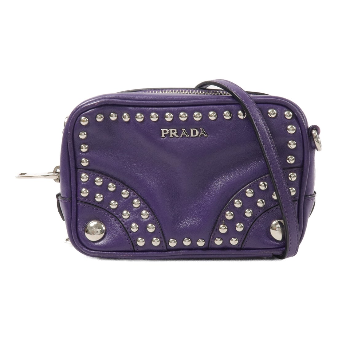 PRADA 1N1674 Studded Vitello Leather Shoulder Bag Purple (1 of 13)
