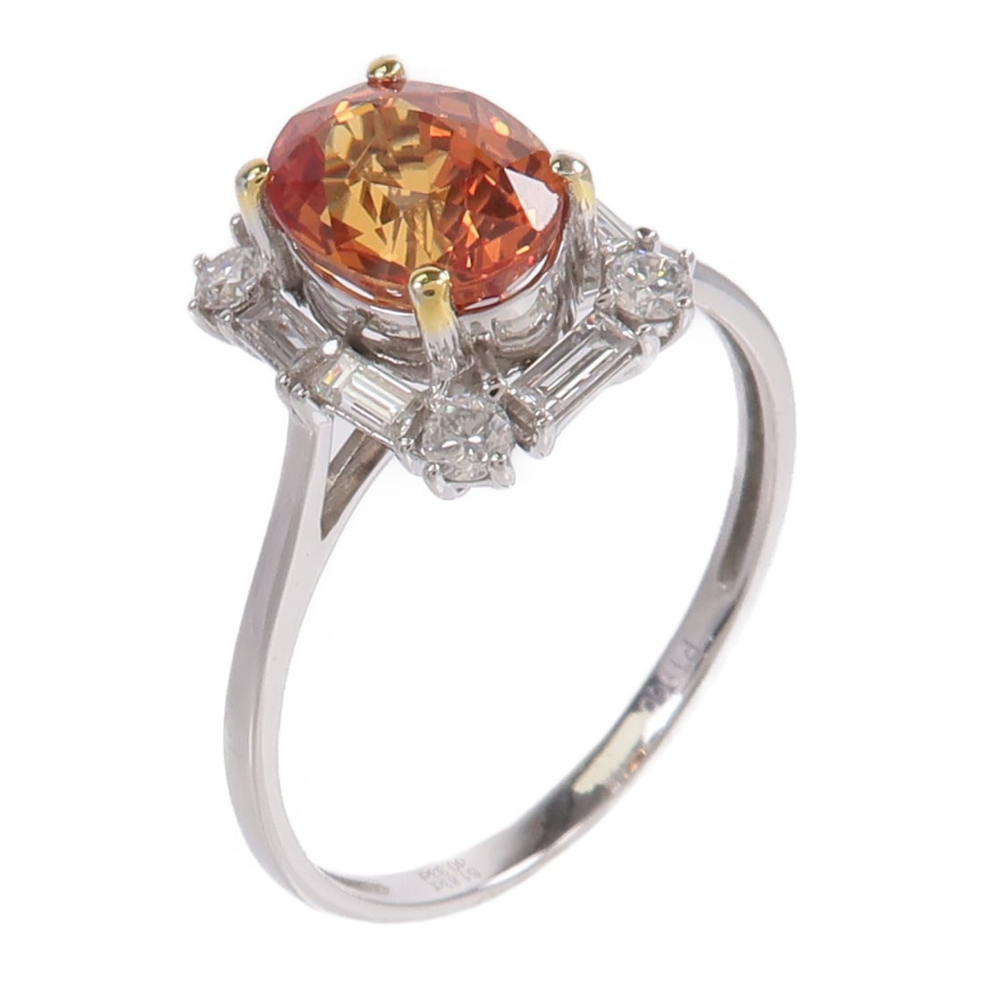 Pt900 Platinum Sphene Diamond Ring Size 8.25: Pt900 Platinum Sphene Diamond Ring Size 8.25 A women's ring featuring sphene and diamond set in Pt900 platinum. The design is described with an orange and clear color scheme, and the ring size is US 8