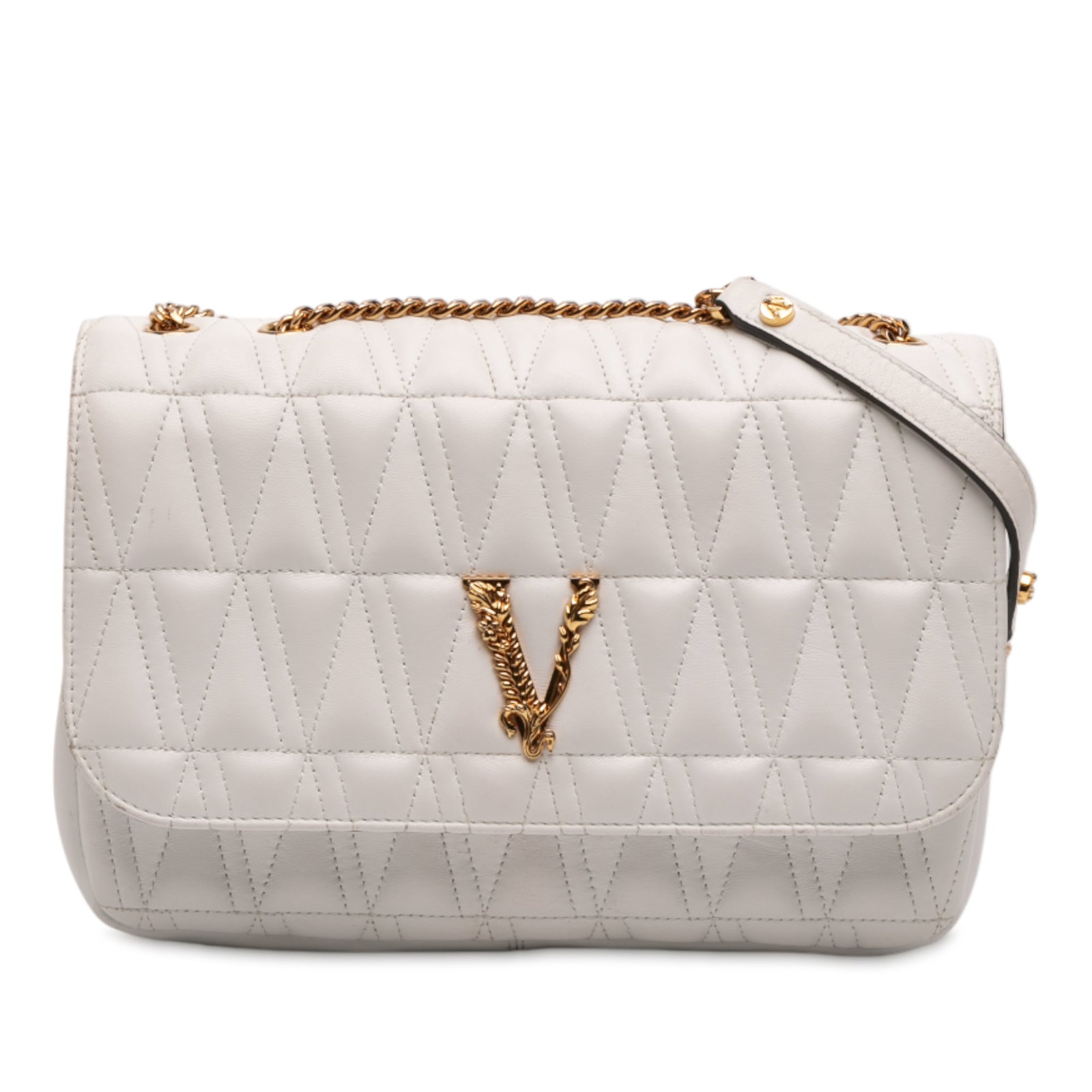 Virtus V White Leather Crossbody Bag by Versace with Chain Strap: Virtus V White Leather Crossbody Bag by Versace with Chain Strap This Versace Virtus V crossbody bag is crafted from soft nappa leather in white and features a detachable curb chain strap with a leath
