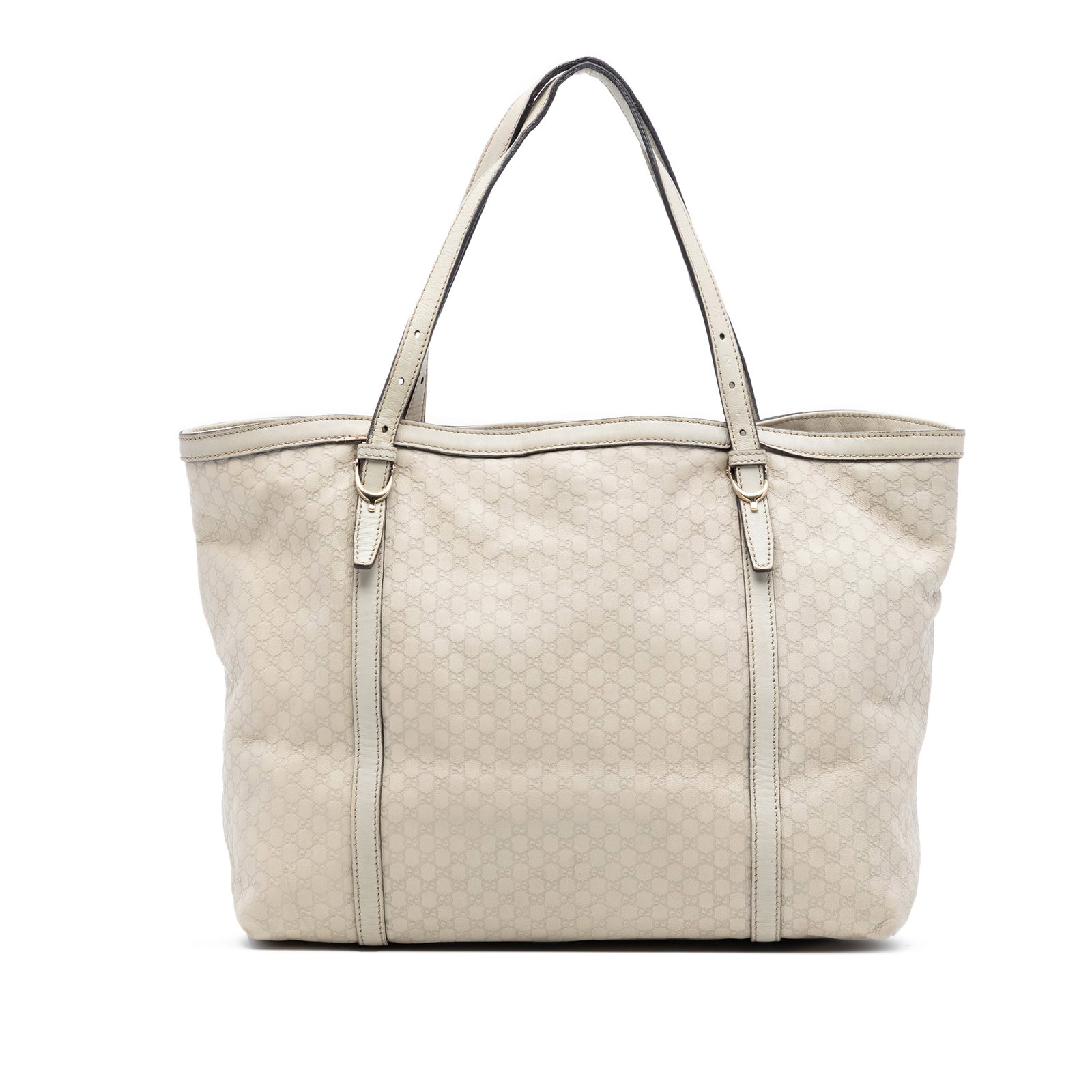 White Leather Tote Bag by Gucci Microguccissima Nice Collection: White Leather Tote Bag by Gucci Microguccissima Nice Collection This Gucci Microguccissima Nice Tote features an embossed leather exterior in white, flat leather straps, and an open top secured with a