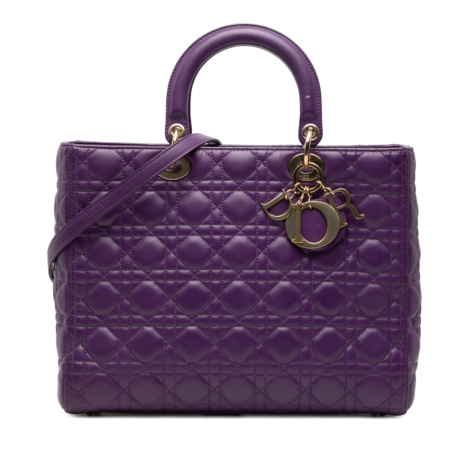 Dior Lady Dior Large Purple Quilted Lambskin Shoulder Bag: Dior Lady Dior Large Purple Quilted Lambskin Shoulder Bag This Lady Dior bag features a quilted lambskin leather construction in purple, complemented by flat leather top handles and a detachable flat 