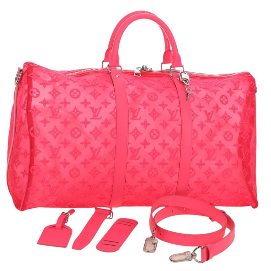 Louis Vuitton M55267 Keepall Bandouliere 50 Pink Monogram Boston Bag: Louis Vuitton M55267 Keepall Bandouliere 50 Pink Monogram Boston Bag Louis Vuitton See Through Keepall Bandouliere 50 Boston bag in pink Monogram canvas. Made in France, this bag includes a dust bag, 