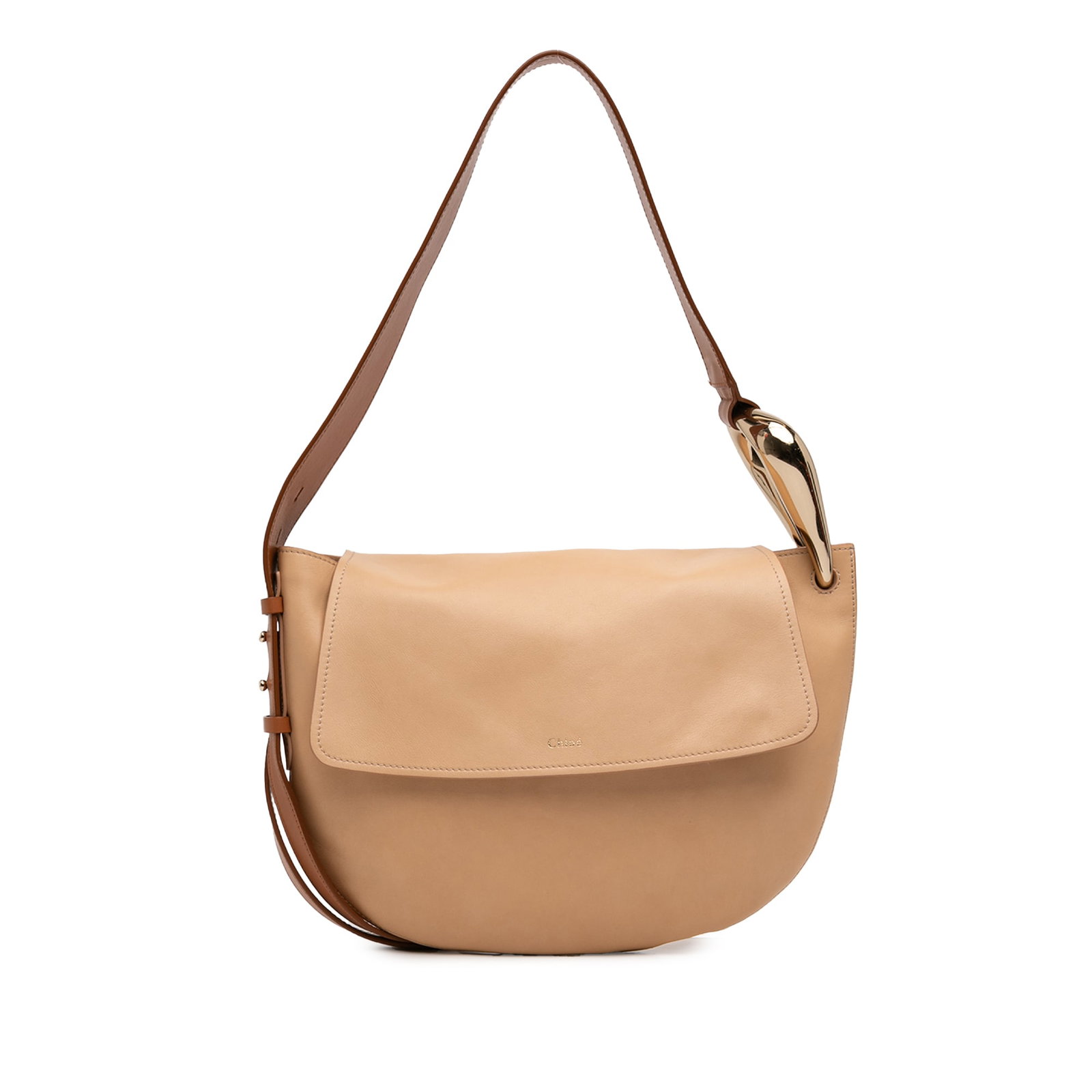 Chloe Kiss Hobo Beige Leather Shoulder Bag: Chloe Kiss Hobo Beige Leather Shoulder Bag Chloe Leather Kiss Hobo bag made in Italy, crafted in leather with a beige finish. It features a flat leather strap, a top flap with snap closure, and an int