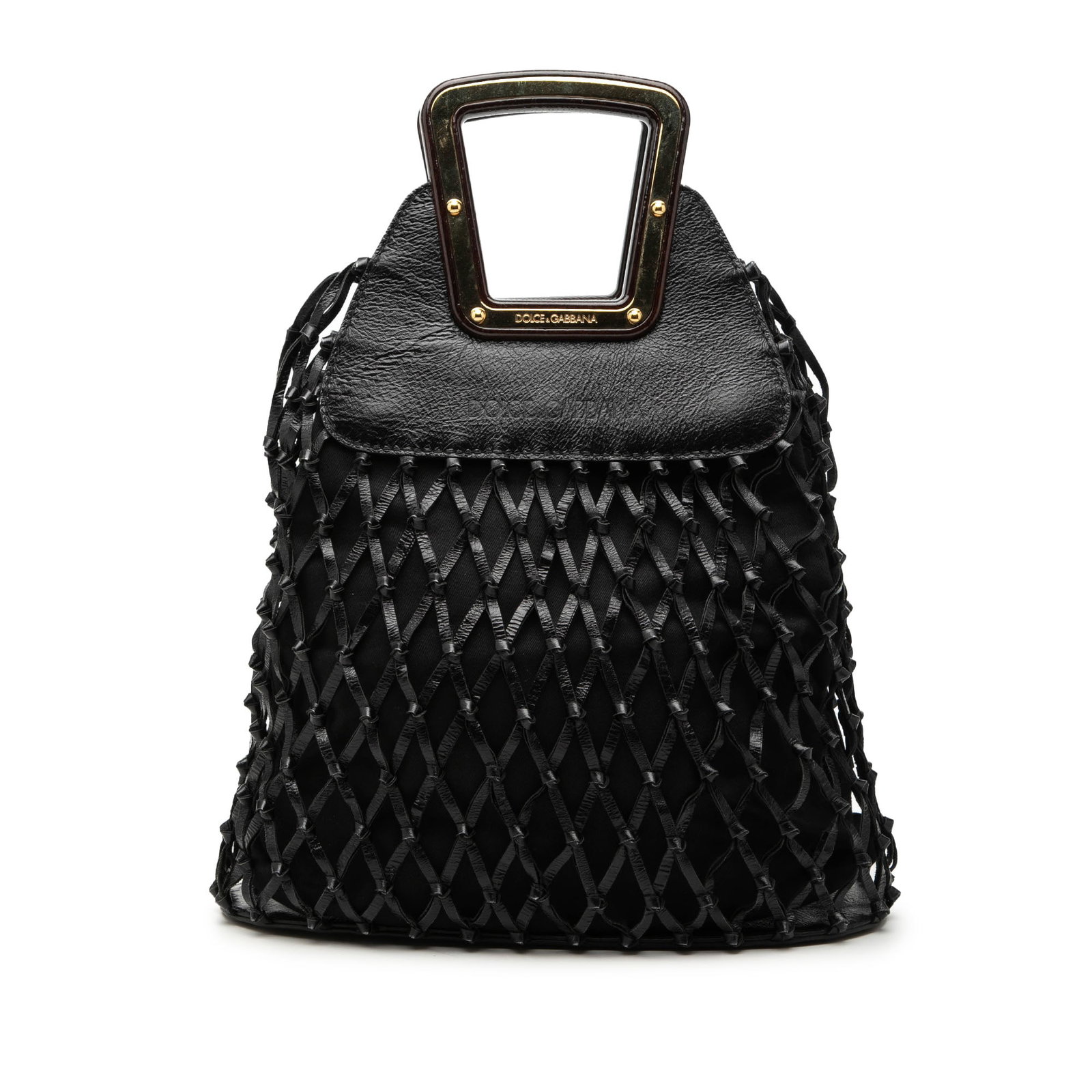 Dolce Gabbana woven leather tote bag: Dolce Gabbana woven leather tote bag This Dolce & Gabbana tote bag features a woven leather body in black, structured top handles, and an open top design. The bag shows signs of use, including scratch