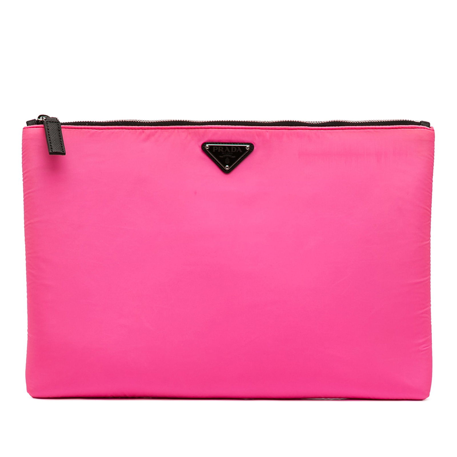 Prada pink nylon padded zip clutch with dust bag and card: Prada pink nylon padded zip clutch with dust bag and card This Prada Tessuto Padded Zip Clutch features a pink nylon fabric body with a padded design and a top zip closure. The bag includes a dust bag