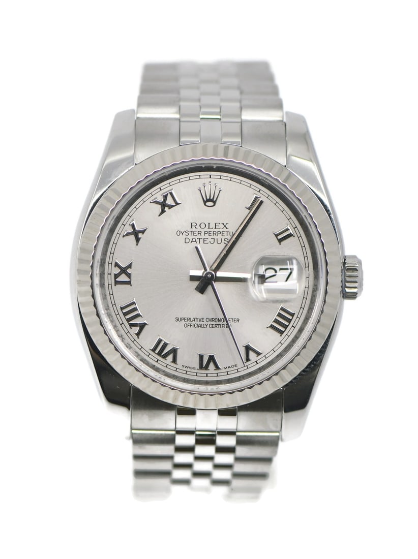 Rolex Datejust 116234 36mm Diamond Bezel Automatic Watch: Rolex Datejust 116234 36mm Diamond Bezel Automatic Watch This pre-owned Rolex Datejust 36 is a luxury wristwatch crafted from stainless steel with a polished finish. The watch features a 36 mm round c