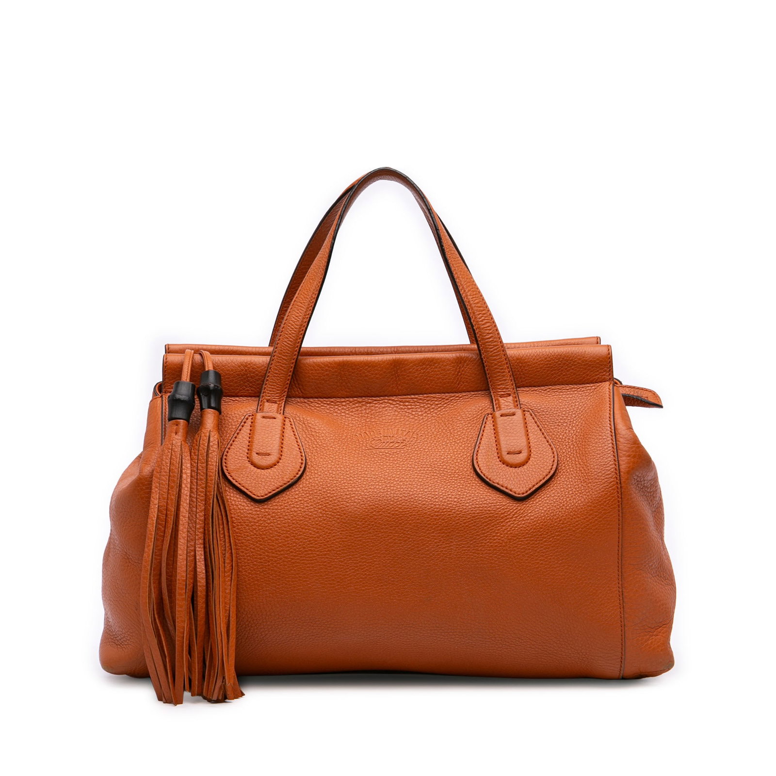 Gucci Lady Tassel Leather Top Handle Handbag Orange: Gucci Lady Tassel Leather Top Handle Handbag Orange Gucci Lady Tassel top handle bag in orange leather, made in Italy. It features flat leather handles, a top zip closure with bamboo tassel zipper pul