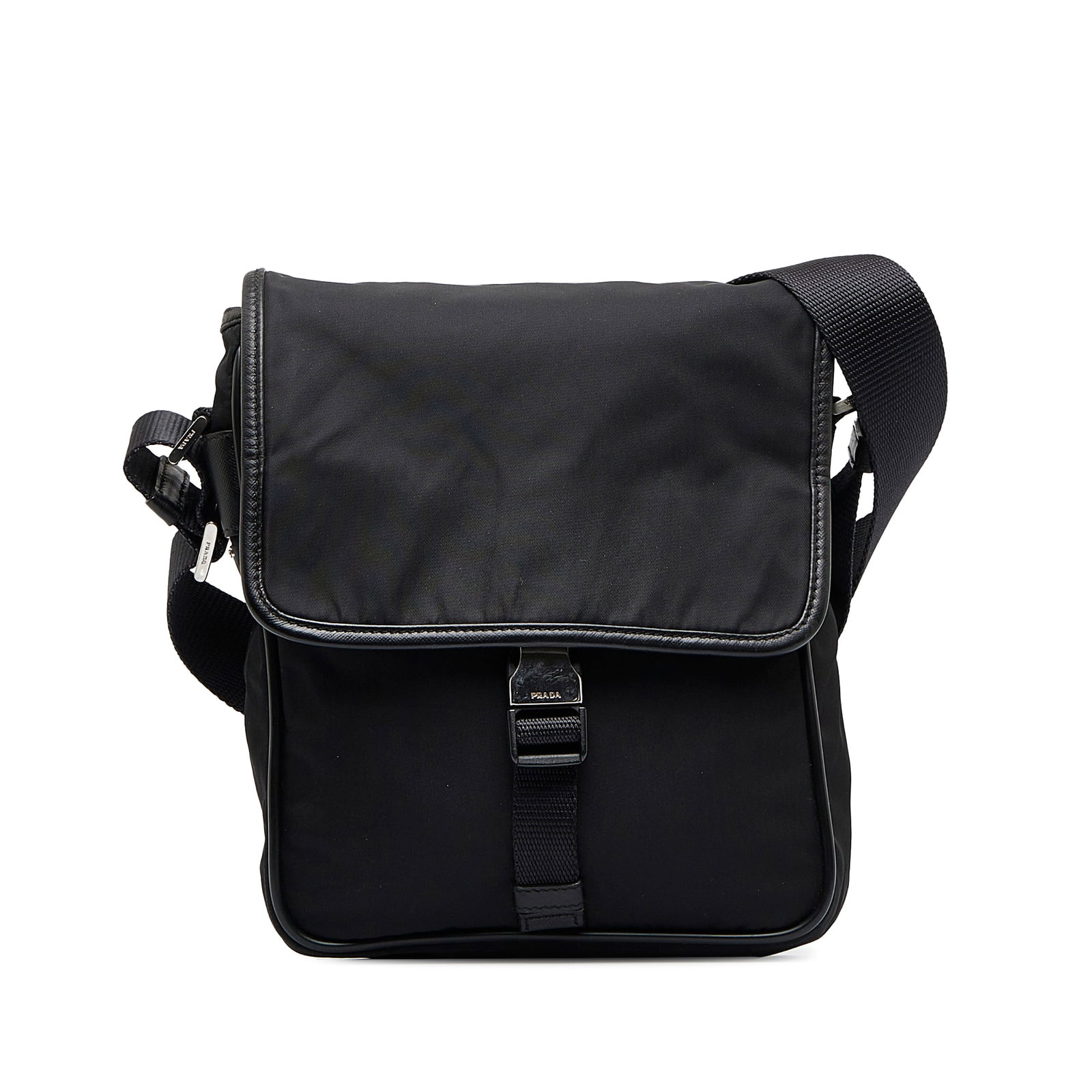 Prada Tessuto Buckle Nylon Crossbody Messenger Bag Black: Prada Tessuto Buckle Nylon Crossbody Messenger Bag Black This Prada Tessuto Buckle Messenger Bag is crafted from durable black nylon fabric and features a flat adjustable strap, a top flap with buckle