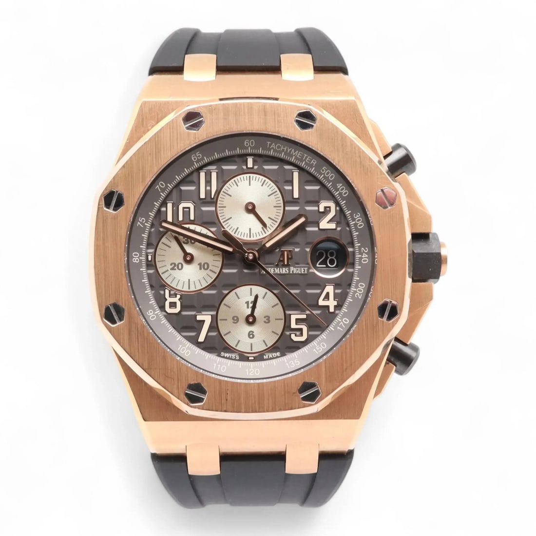 Royal Oak Offshore 42mm Rose Gold Men's Watch with Box and Papers: Royal Oak Offshore 42mm Rose Gold Men's Watch with Box and Papers This Audemars Piguet Royal Oak Offshore wristwatch features a 42mm case crafted in 18K rose gold with a brushed finish. The grey 'Tapi