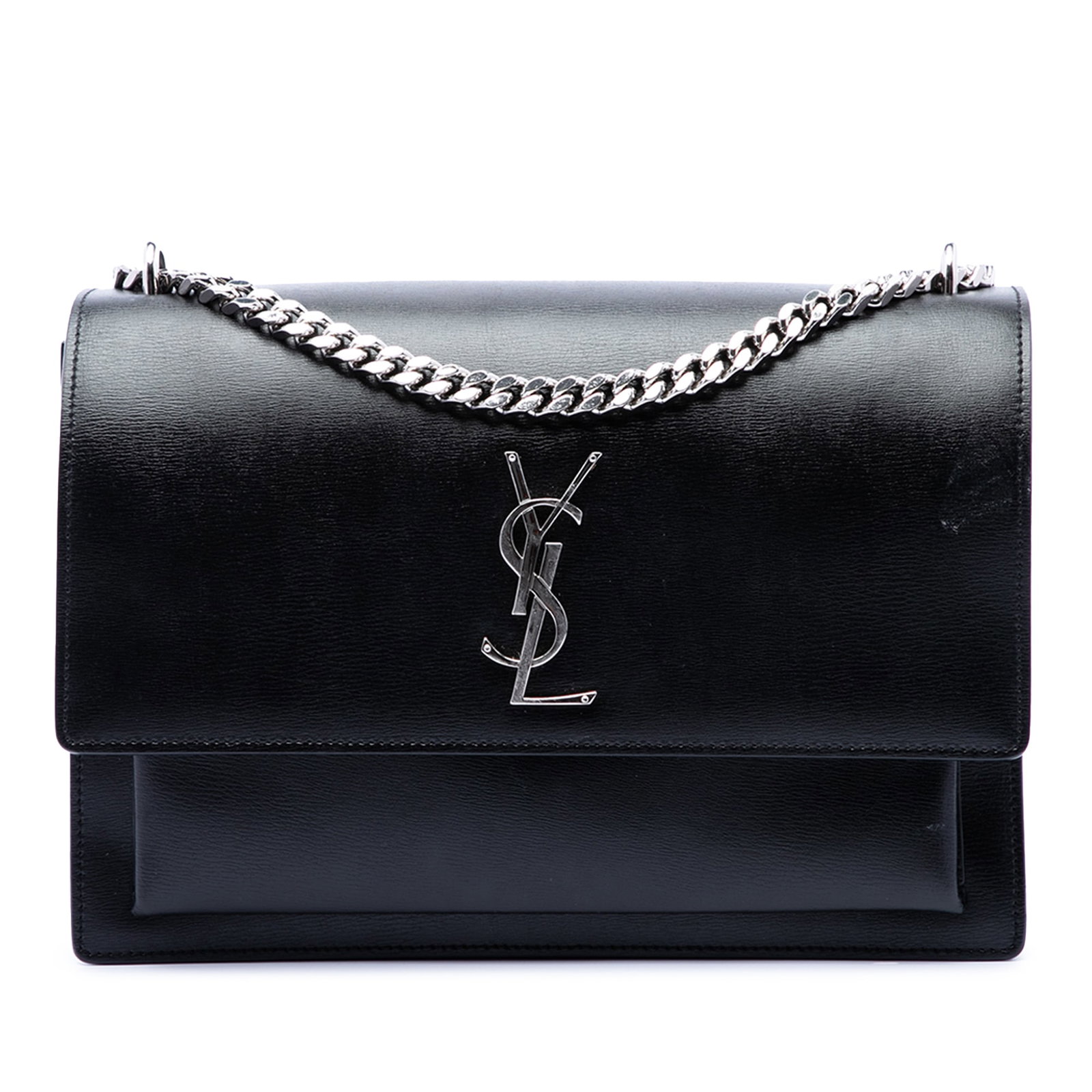 Saint Laurent Sunset Large Black Leather Crossbody Bag: Saint Laurent Sunset Large Black Leather Crossbody Bag Saint Laurent Large Calfskin Monogram Sunset Crossbody bag in black leather, made in Italy. It features a chain link shoulder strap with a leathe