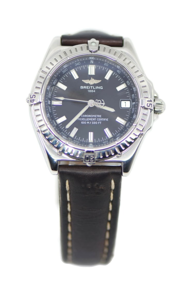 Breitling Wings Automatic Watch A10350 Stainless Steel Black Dial Leather Band: Breitling Wings Automatic Watch A10350 Stainless Steel Black Dial Leather Band This Breitling Wings Stainless Steel Watch (Model A10350) is a sophisticated timepiece that combines elegance with functi