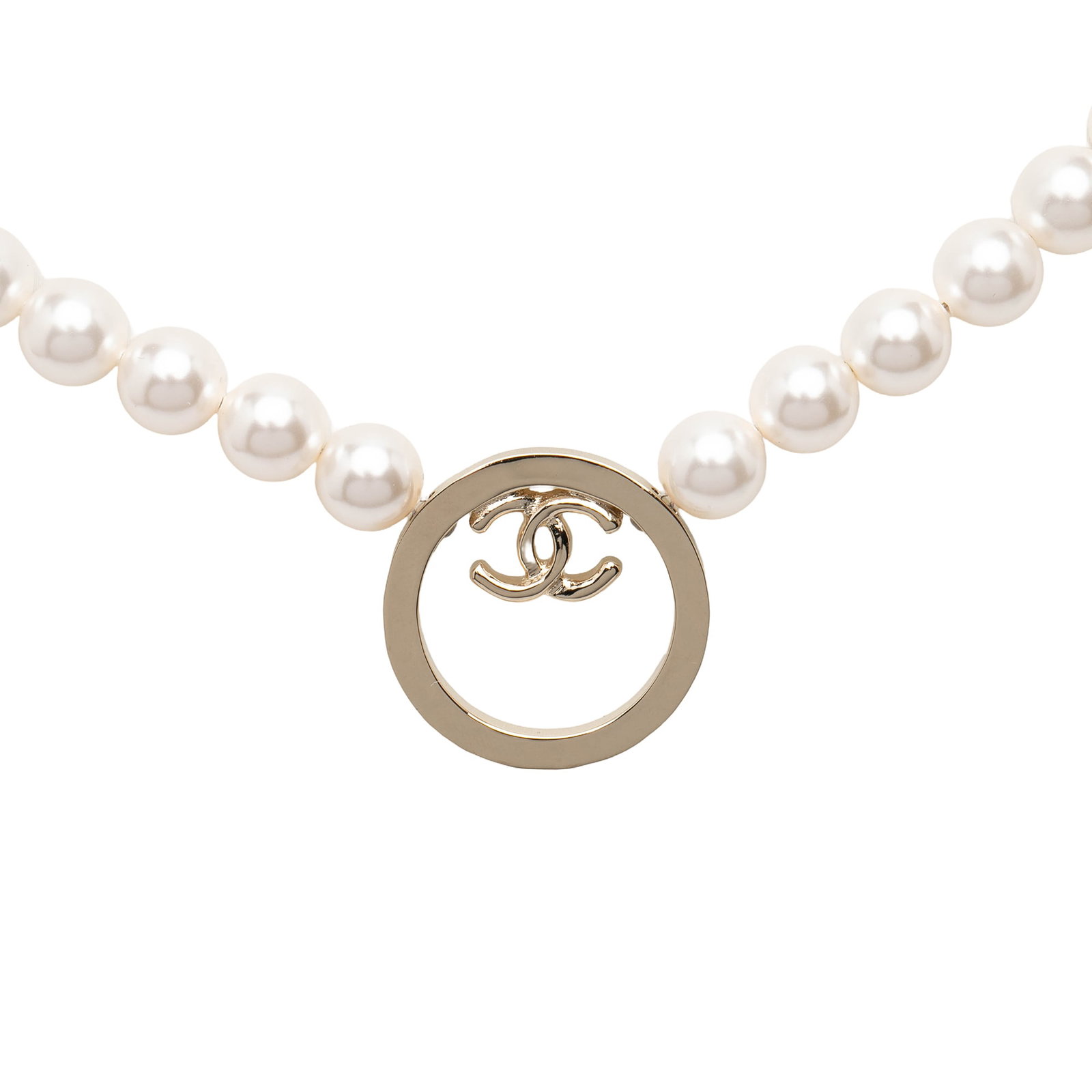 Chanel Necklace with Gold Plated CC Pendant and Faux Pearls: Chanel Necklace with Gold Plated CC Pendant and Faux Pearls This Chanel necklace features a strand of faux pearls accented with gold-plated hardware and a pendant, secured by a lobster clasp closure. 