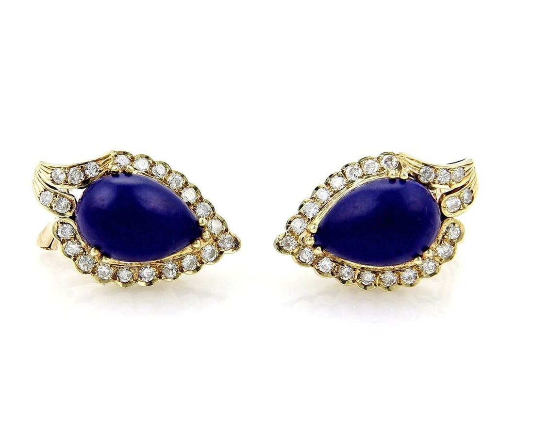 Vintage 14k Yellow Gold Lapis Diamond Stud Earrings Pear Shape (1 of 5)