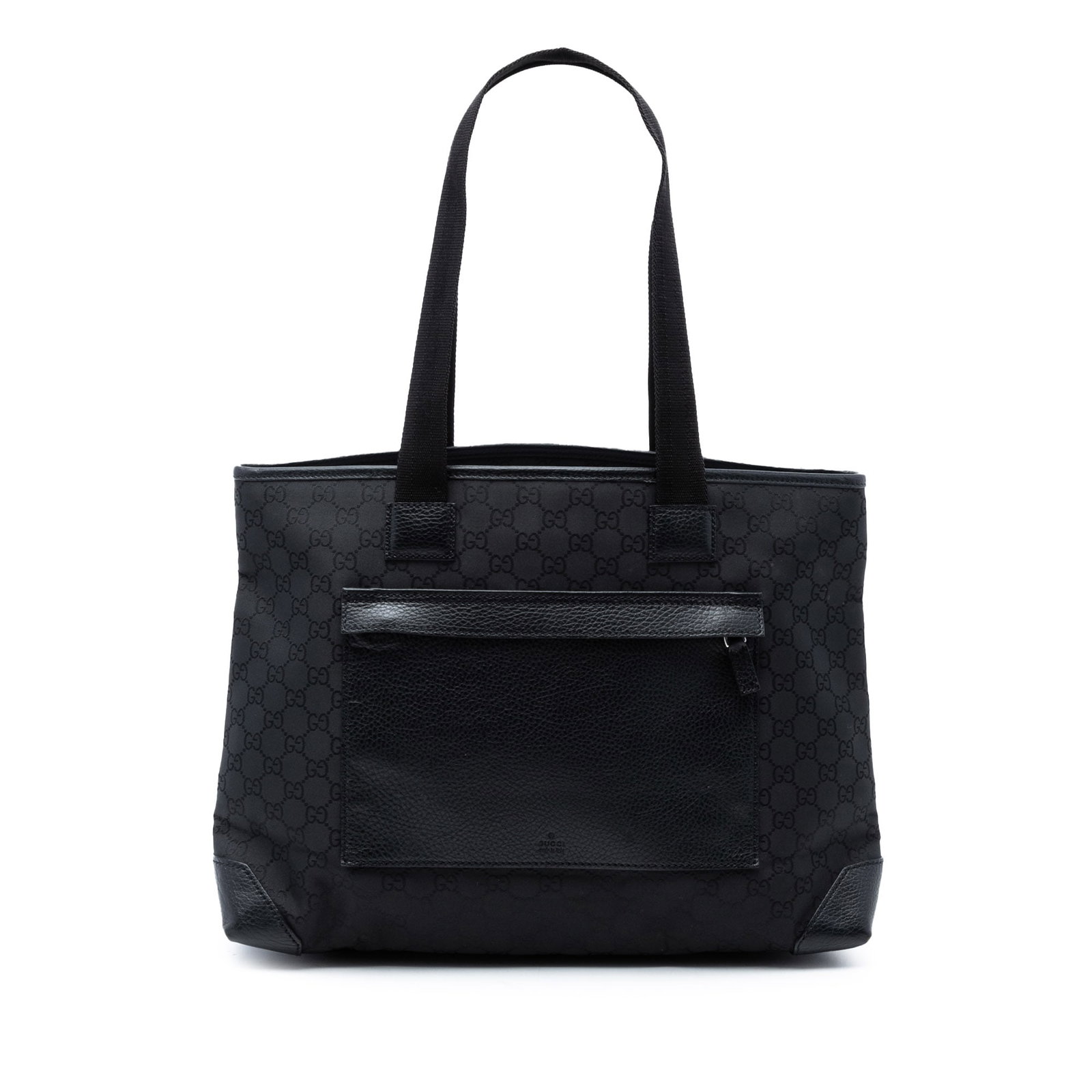 Gucci GG Nylon Tote Bag Black Leather Trim Zip Top: Gucci GG Nylon Tote Bag Black Leather Trim Zip Top A Gucci GG Nylon Tote in black, made in Italy. This tote bag features a nylon body with leather trim, flat straps, a top zip closure, an exterior fro