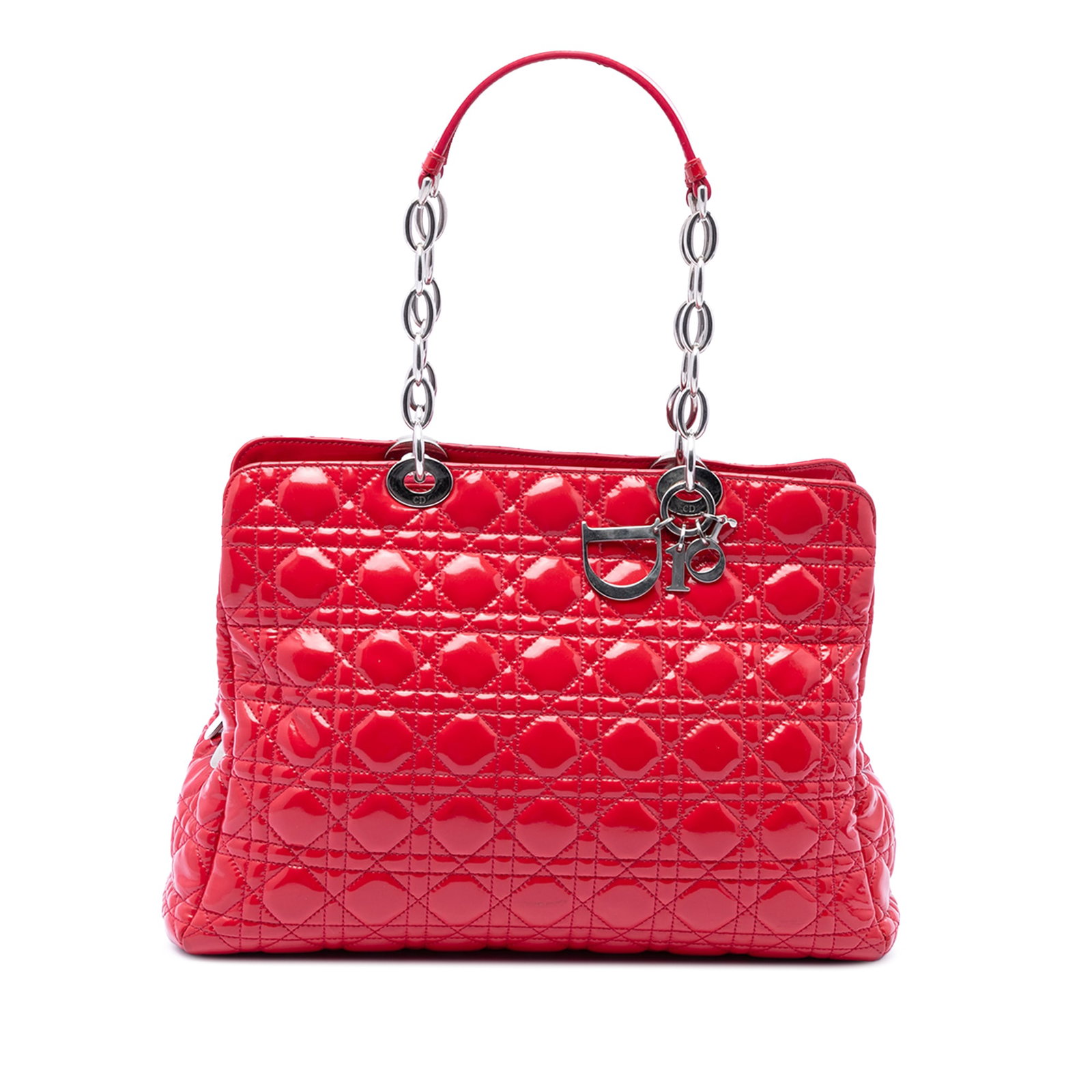 Dior Lady Dior Cannage Patent Leather Shopping Tote Red Large: Dior Lady Dior Cannage Patent Leather Shopping Tote Red Large Large Lady Dior shopping tote in red quilted patent leather with Cannage detailing. This soft zipped design features flat leather and chai
