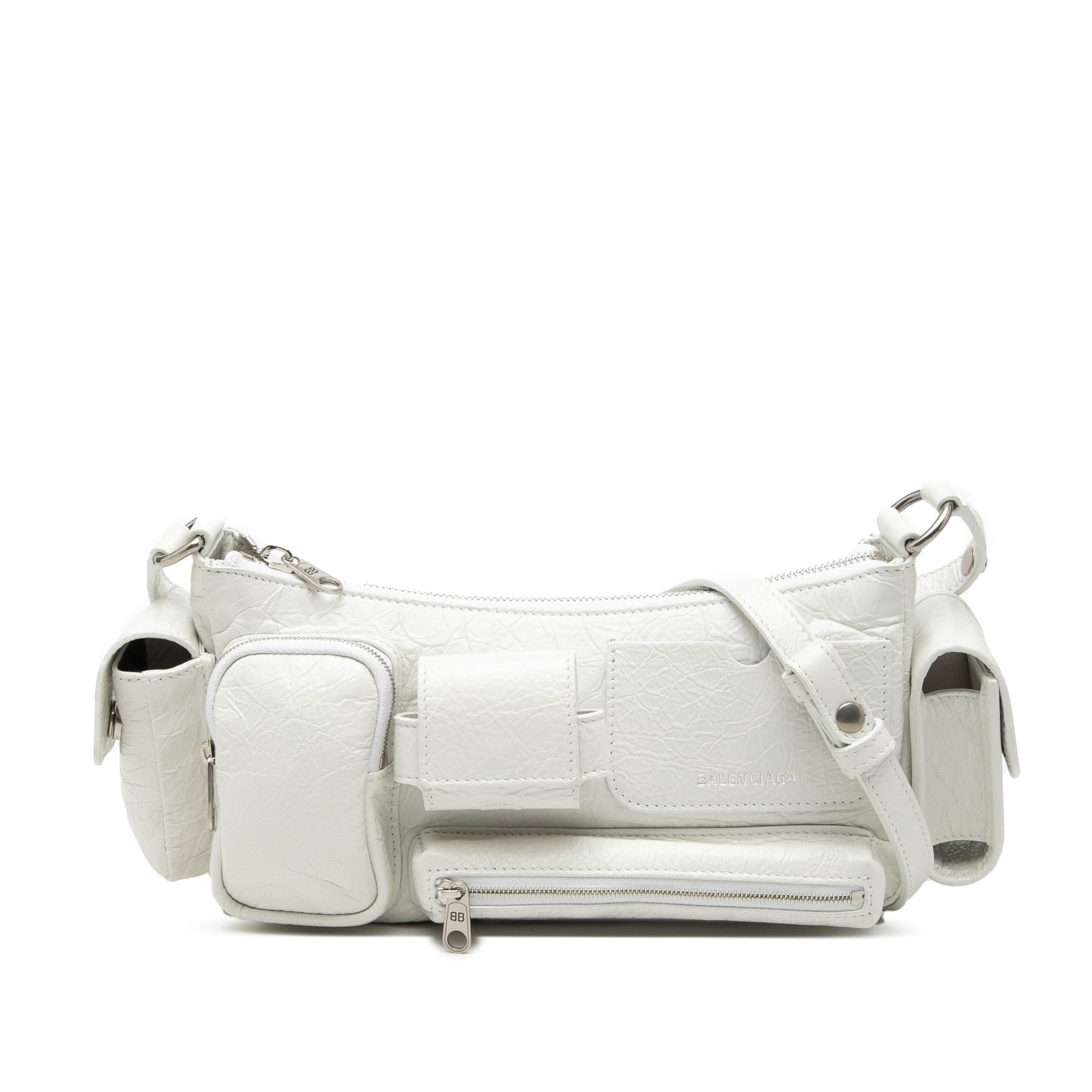 Balenciaga Superbusy white lambskin sling bag: Balenciaga Superbusy white lambskin sling bag This Balenciaga Small Lambskin Superbusy Sling Bag is crafted from lambskin leather in white and features a flat leather strap, top zip closure, exterior 