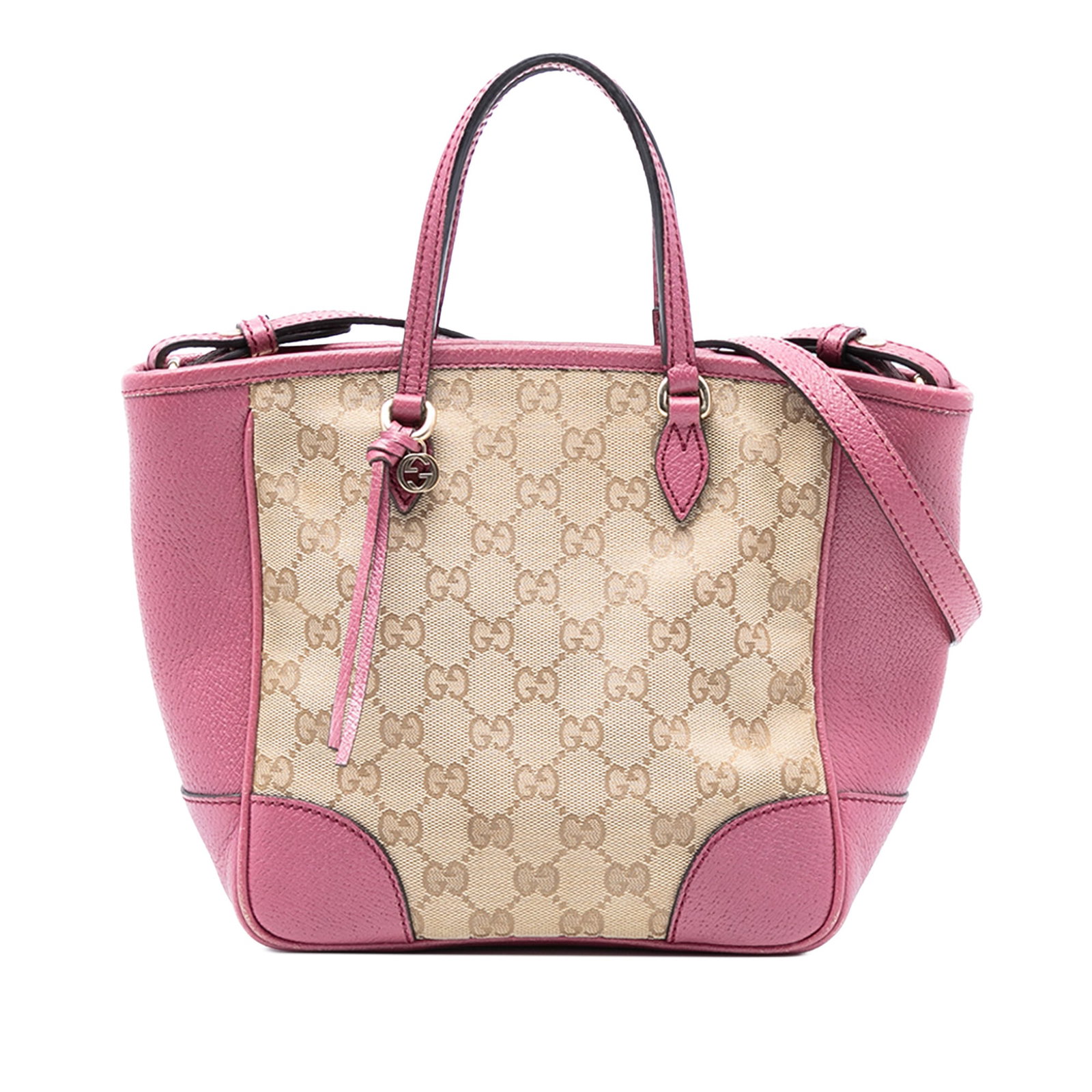 Small Bree Shoulder Bag in GG Canvas with Leather Trim by Gucci: Small Bree Shoulder Bag in GG Canvas with Leather Trim by Gucci This Gucci Small GG Canvas Bree Satchel features a canvas body with leather trim, flat leather handles, and a detachable flat leather sh