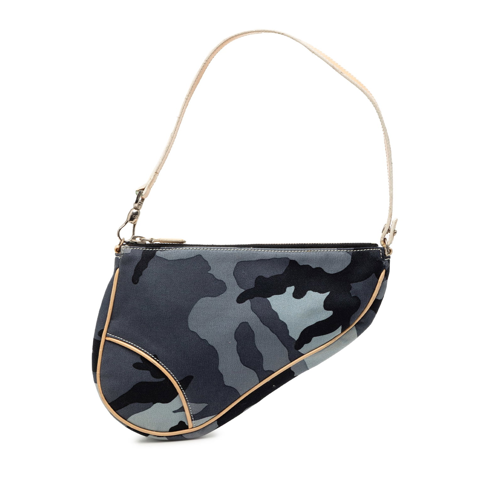 Dior Saddle Mini Camouflage Canvas Baguette Bag with Leather Trim: Dior Saddle Mini Camouflage Canvas Baguette Bag with Leather Trim This Dior Mini Canvas Camouflage Saddle Pochette showcases a printed canvas body with leather trim and a flat leather strap. It featur