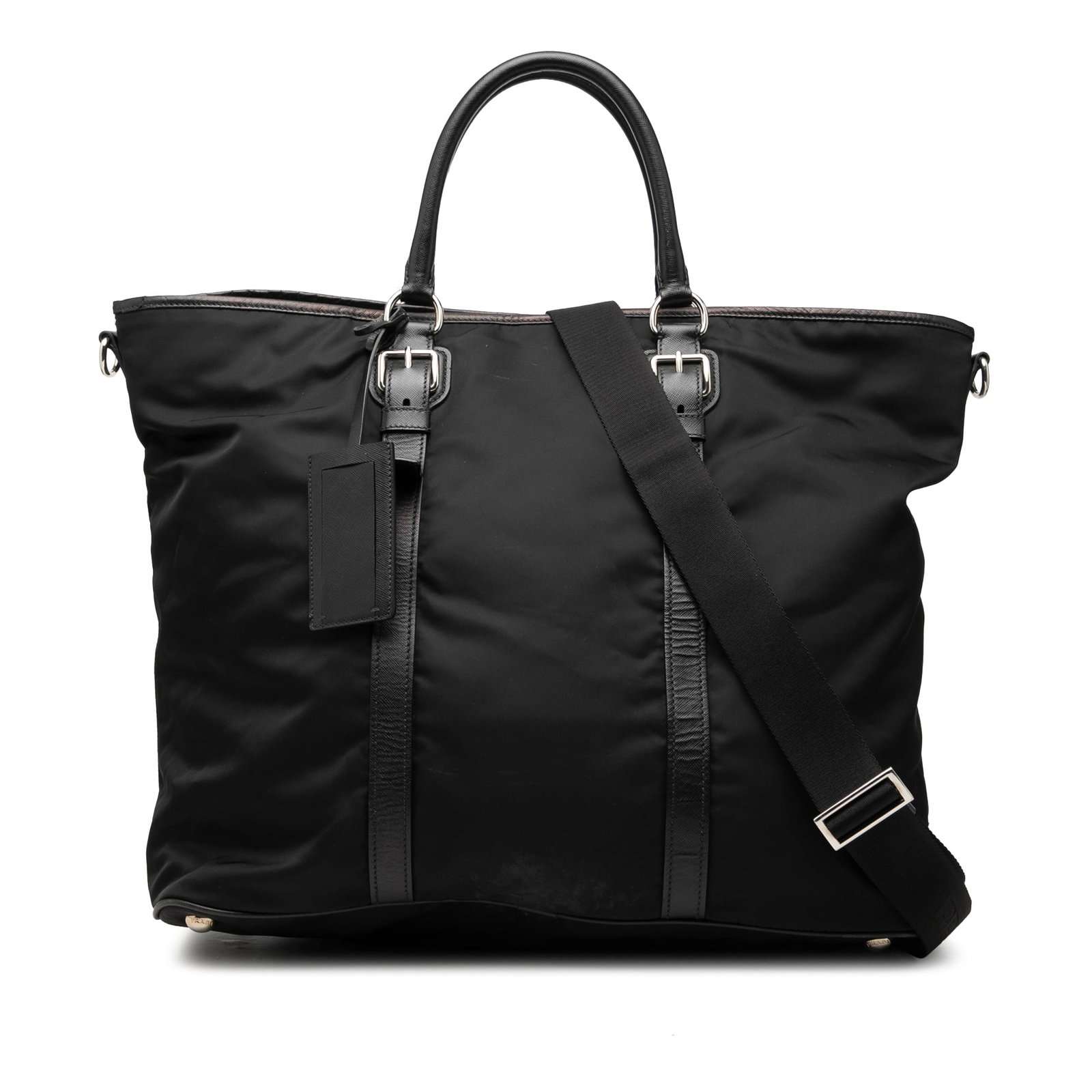 Prada Tessuto Nylon Tote Bag with Saffiano Leather Trim Black: Prada Tessuto Nylon Tote Bag with Saffiano Leather Trim Black Prada Saffiano Trimmed Tessuto Open Convertible Tote in black, made in Italy. This bag features a nylon body with saffiano leather trim, a