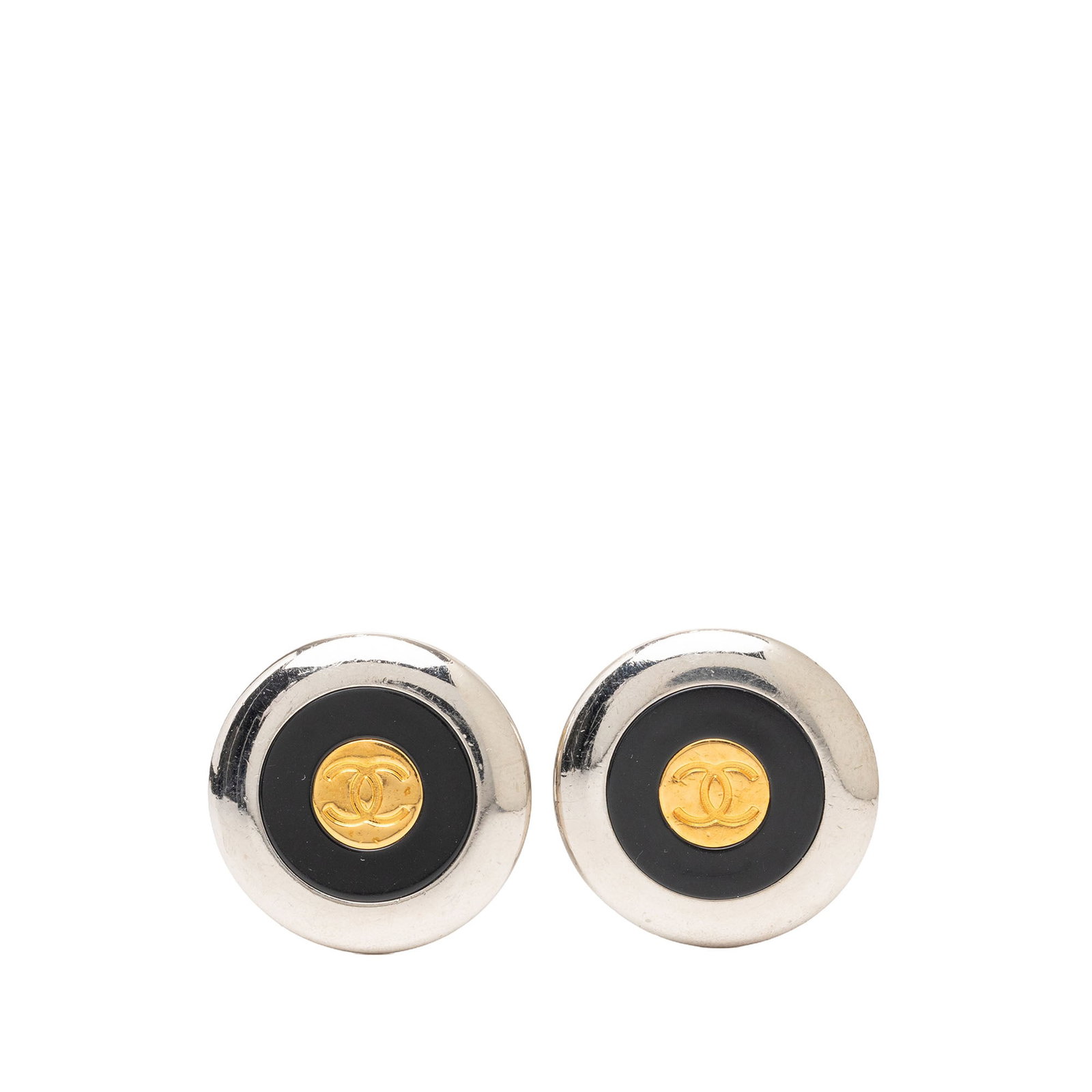 Chanel CC Round Clip On Earrings Black Enamel Gold Plated: Chanel CC Round Clip On Earrings Black Enamel Gold Plated Chanel round clip-on earrings in a costume style, featuring silver tone metal bodies with enamel and gold plated details. They are black in co
