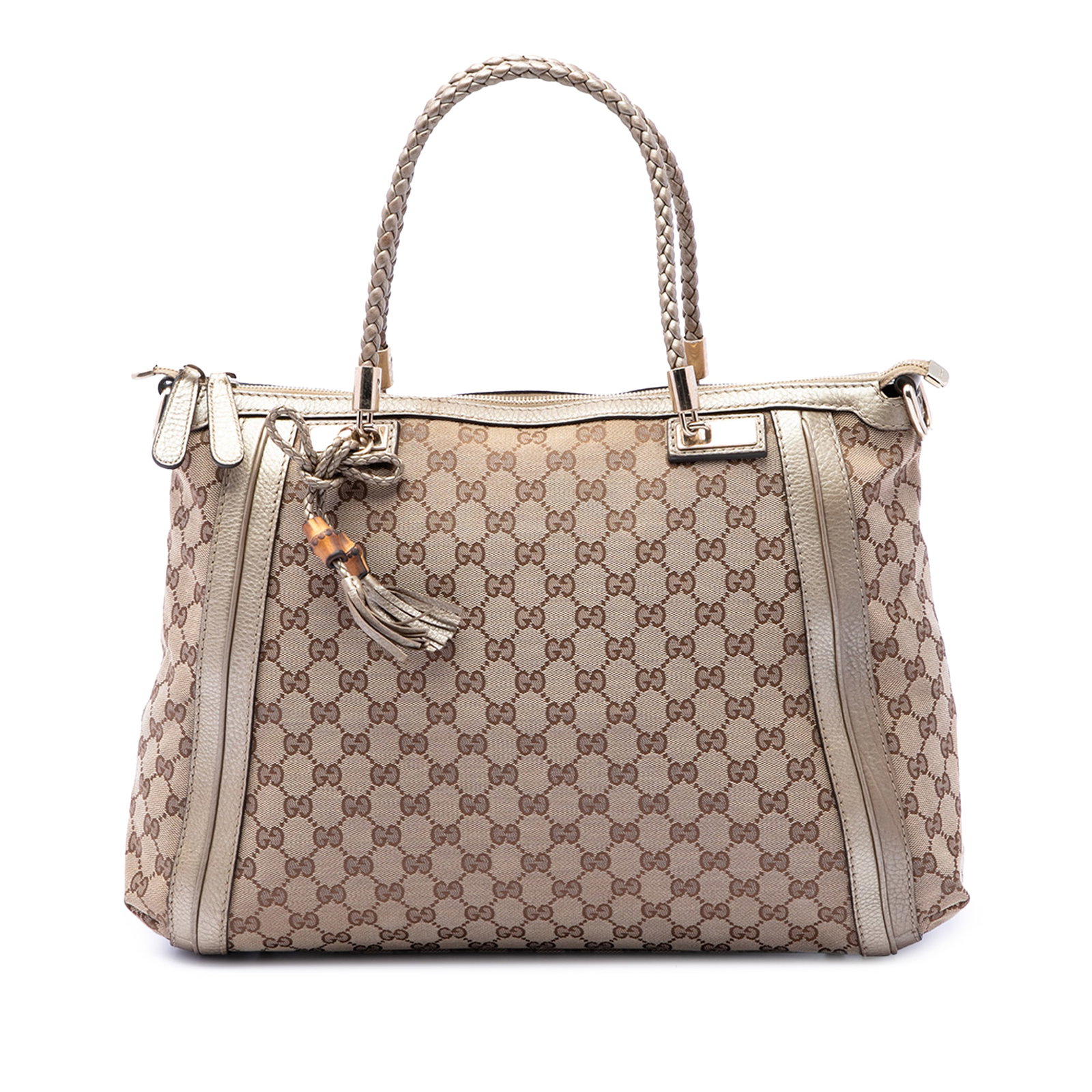 Gucci Bella Convertible Tote in GG Canvas with Leather Trim: Gucci Bella Convertible Tote in GG Canvas with Leather Trim This Gucci GG Canvas Bella Convertible Tote is crafted with a canvas body and leather trim, featuring braided leather handles, a top zip clo