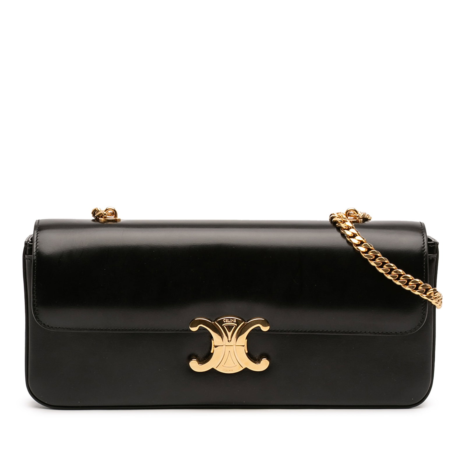 Celine Triomphe black leather shoulder bag with chain strap: Celine Triomphe black leather shoulder bag with chain strap Celine Triomphe chain shoulder bag in shiny calfskin leather with a structured flap-front design and magnetic closure. This black shoulder b