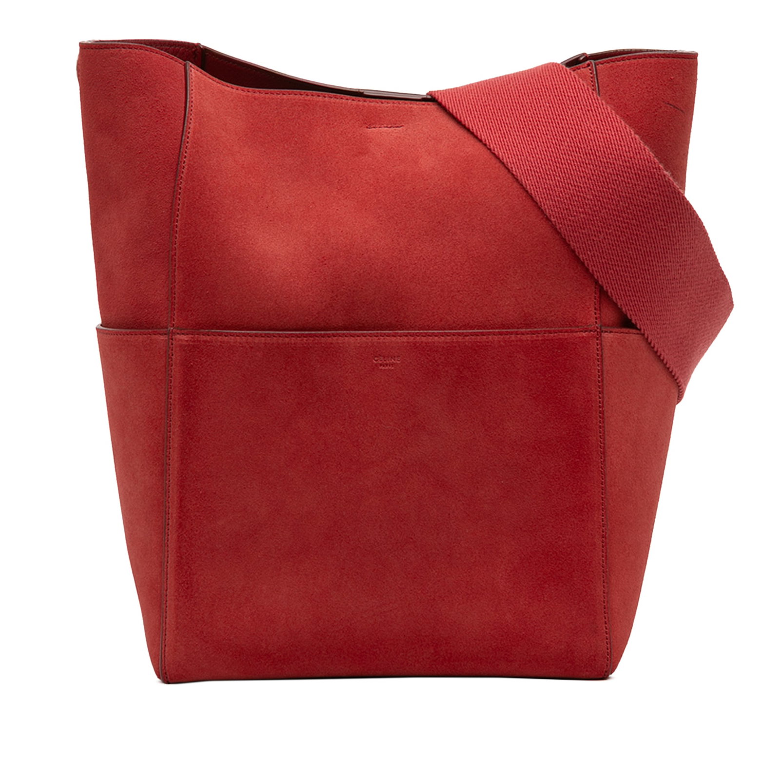 Celine Sangle Seau Medium Red Suede Leather Bucket Bag with Canvas Strap: Celine Sangle Seau Medium Red Suede Leather Bucket Bag with Canvas Strap This Celine Medium Suede Seau Sangle Bucket Bag features a red suede leather body with a detachable flat canvas strap. The desi