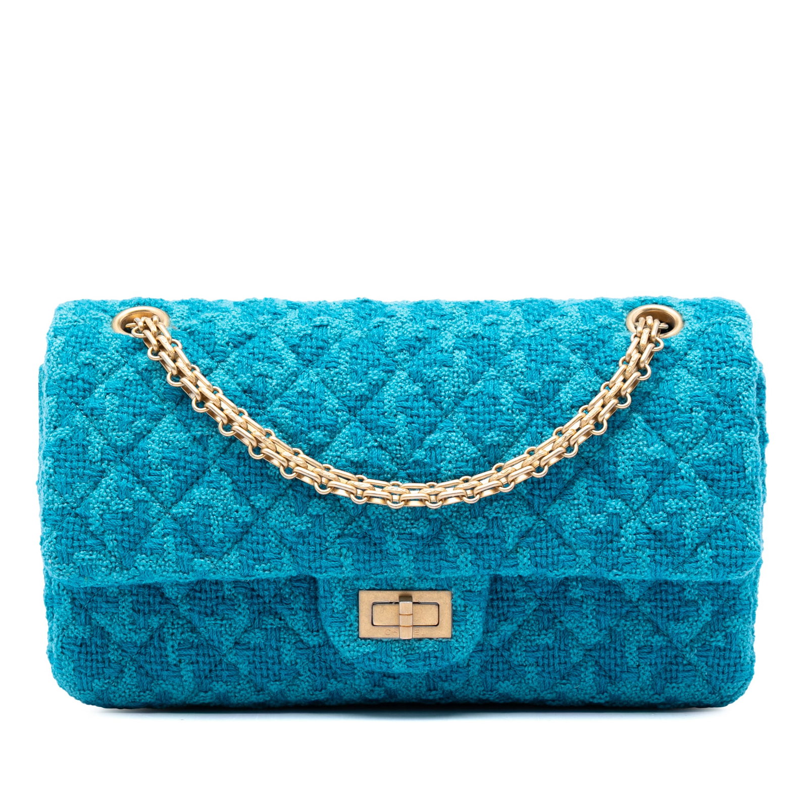 Chanel 2.55 Reissue 225 Tweed Shoulder Bag Double Flap Blue: Chanel 2.55 Reissue 225 Tweed Shoulder Bag Double Flap Blue A Chanel shoulder bag in blue quilted tweed with a double flap design and twist lock closure. It features chain link shoulder straps, an ext