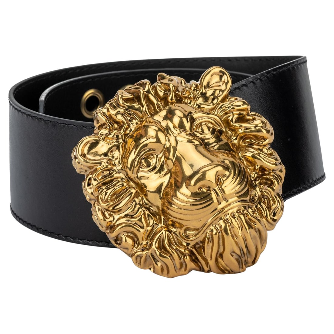 Gucci Black Leather Belt with Gold Lion Buckle: Gucci Black Leather Belt with Gold Lion Buckle Elevate your style with this exquisite Gucci black leather belt, featuring a striking gold lion buckle. This wide belt is not only a statement piece but 
