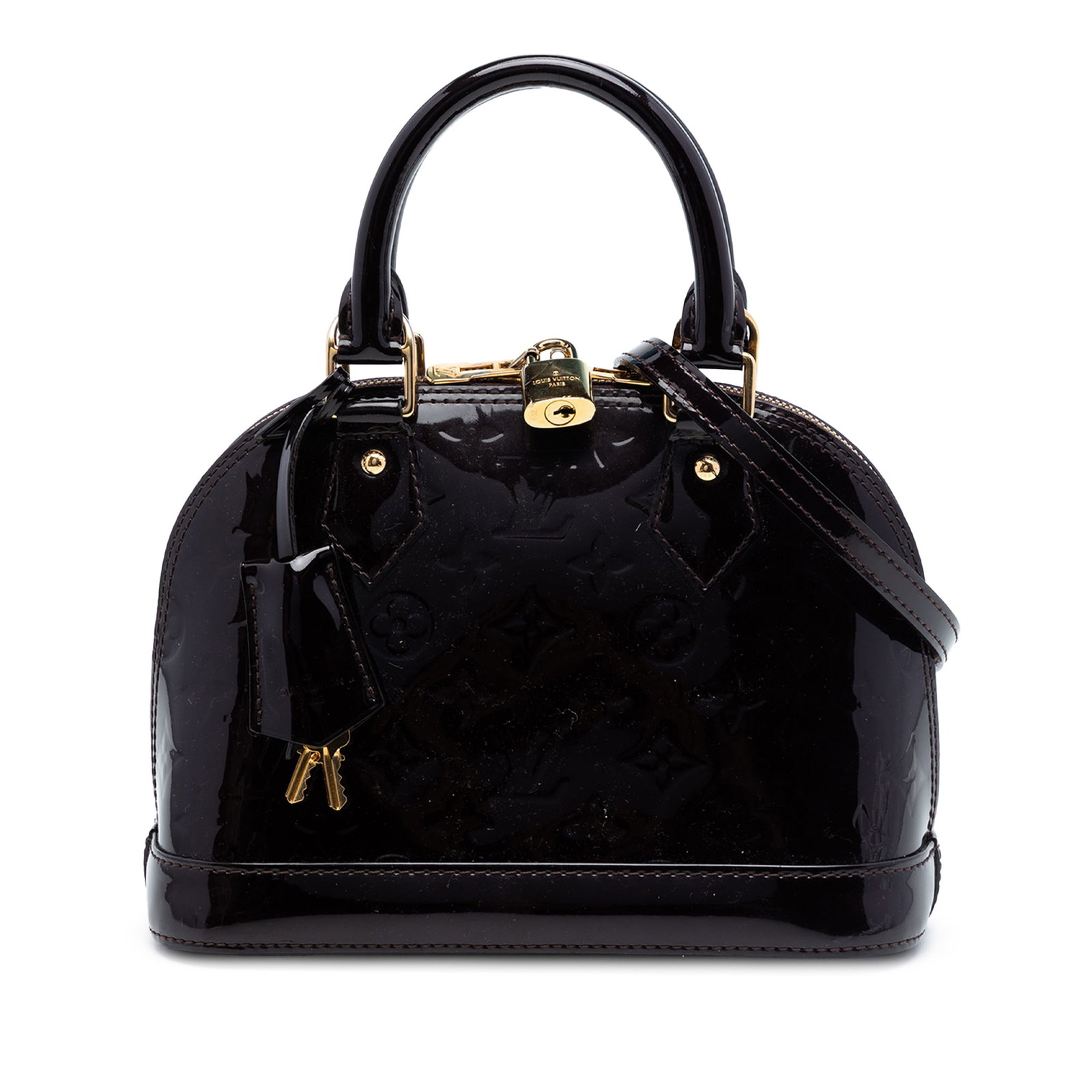 Louis Vuitton Alma BB Monogram Vernis Leather Handbag: Louis Vuitton Alma BB Monogram Vernis Leather Handbag Louis Vuitton Monogram Vernis Alma BB bag in purple vernis leather with rolled leather handles, a top zip-around closure, a clochette, and an inte
