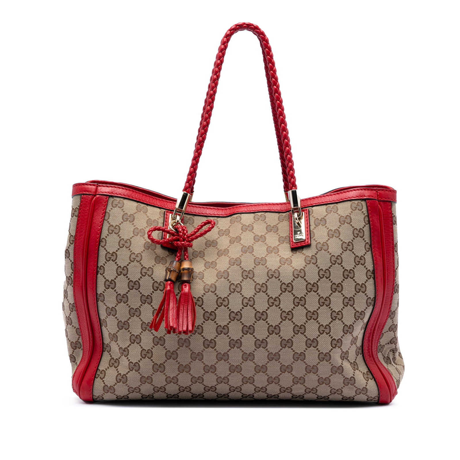 Gucci Medium GG Canvas Bella Tote Beige Italy: Gucci Medium GG Canvas Bella Tote Beige Italy This Gucci Medium GG Canvas Bella Tote features a canvas body with leather trim, braided leather straps, an open top with clasp hook closure, an interior 