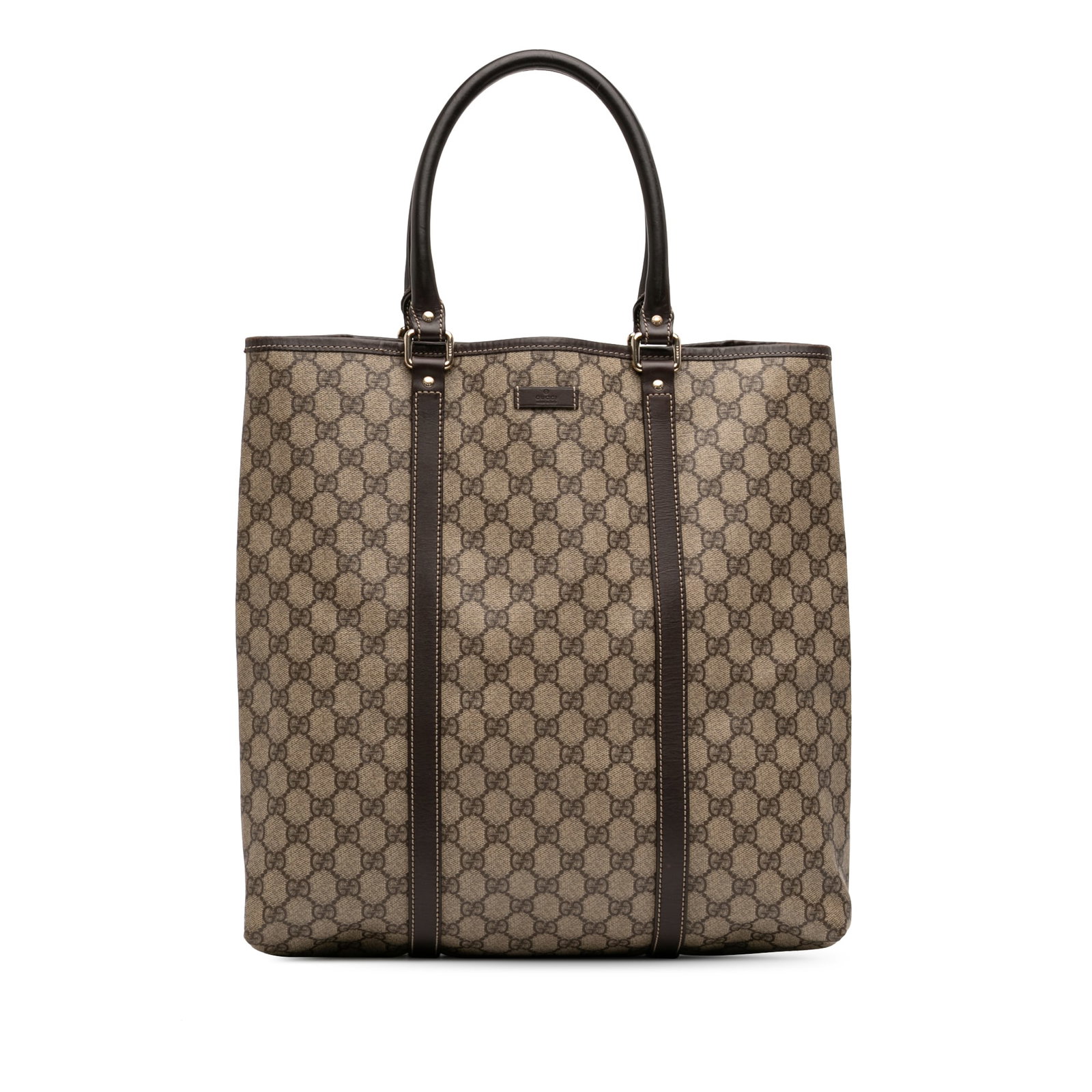 Gucci GG Supreme Joy Vertical Tote Bag: Gucci GG Supreme Joy Vertical Tote Bag This Gucci GG Supreme Joy Vertical Tote features a coated canvas body with leather trim, rolled leather handles, and an open top with a magnetic snap closure. Th