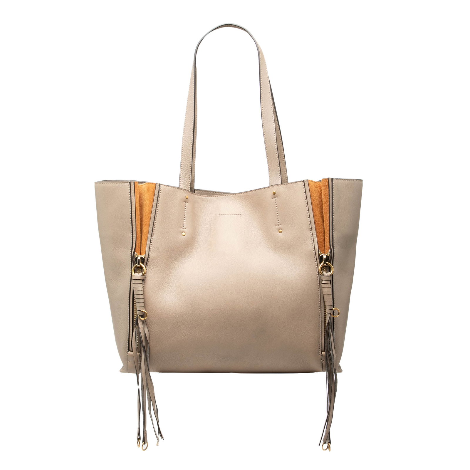 Beige Leather Milo Tote Bag by Chloe with Zipper Accents: Beige Leather Milo Tote Bag by Chloe with Zipper Accents This Chloe Large Leather Milo Shopping Tote features a beige leather body with zipper accents, flat leather straps, an open top, and an interio