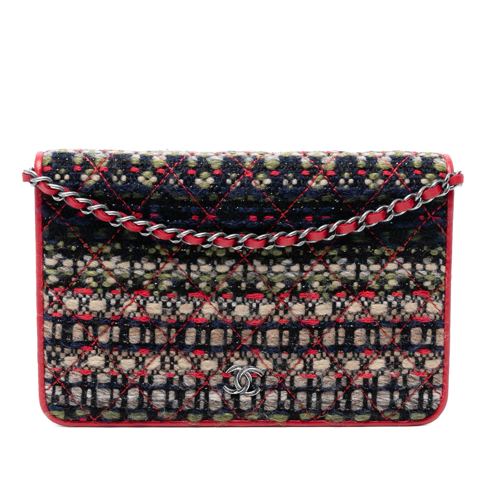 Chanel CC Quilted Tweed Wallet On Chain Red Fabric Italy (1 of 7)