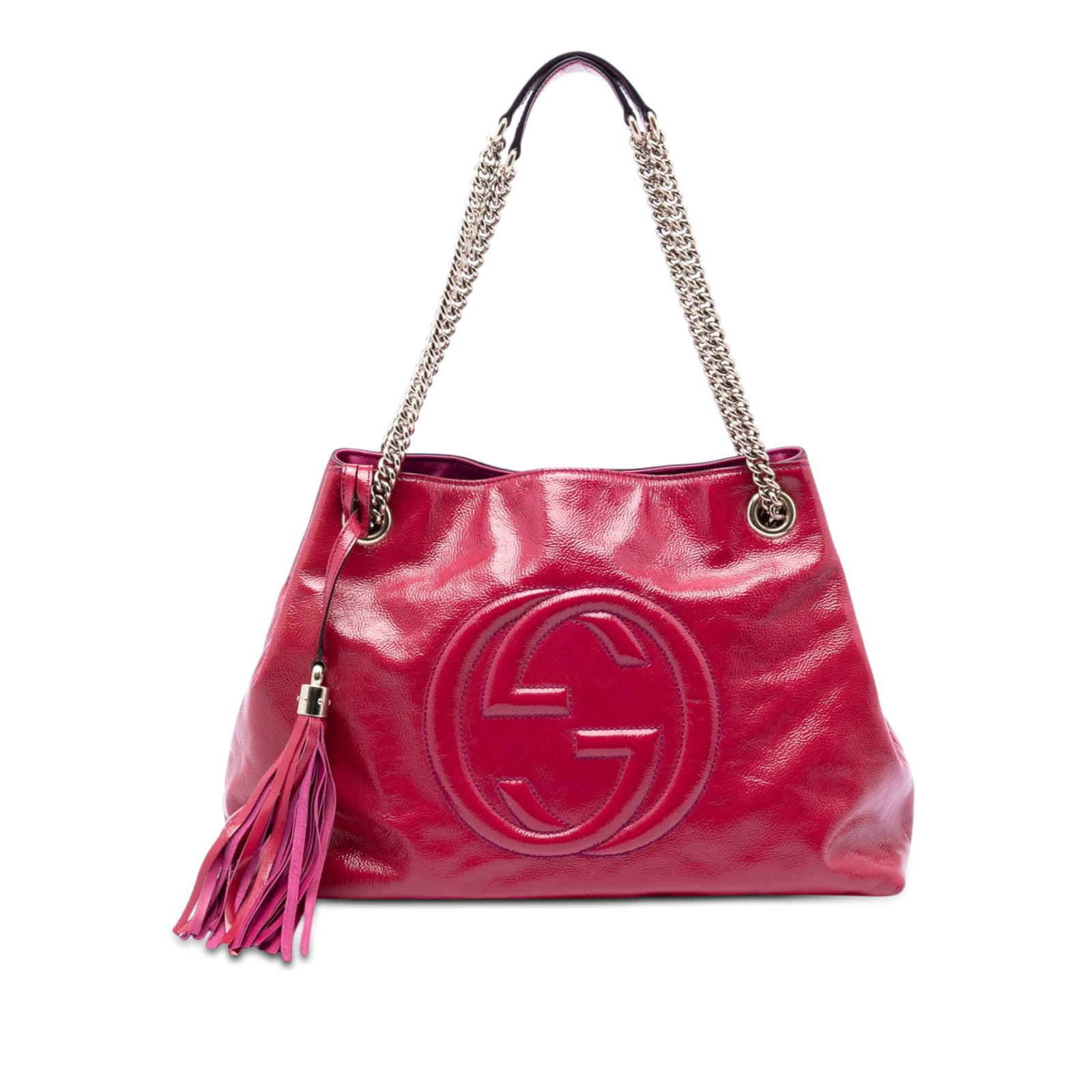 Gucci Soho Chain Tote Medium Pink Patent Leather Bag: Gucci Soho Chain Tote Medium Pink Patent Leather Bag Gucci Medium Patent Soho Chain Tote in pink patent leather with curb chain straps, leather shoulder guards, and tassel detail. The bag features an 