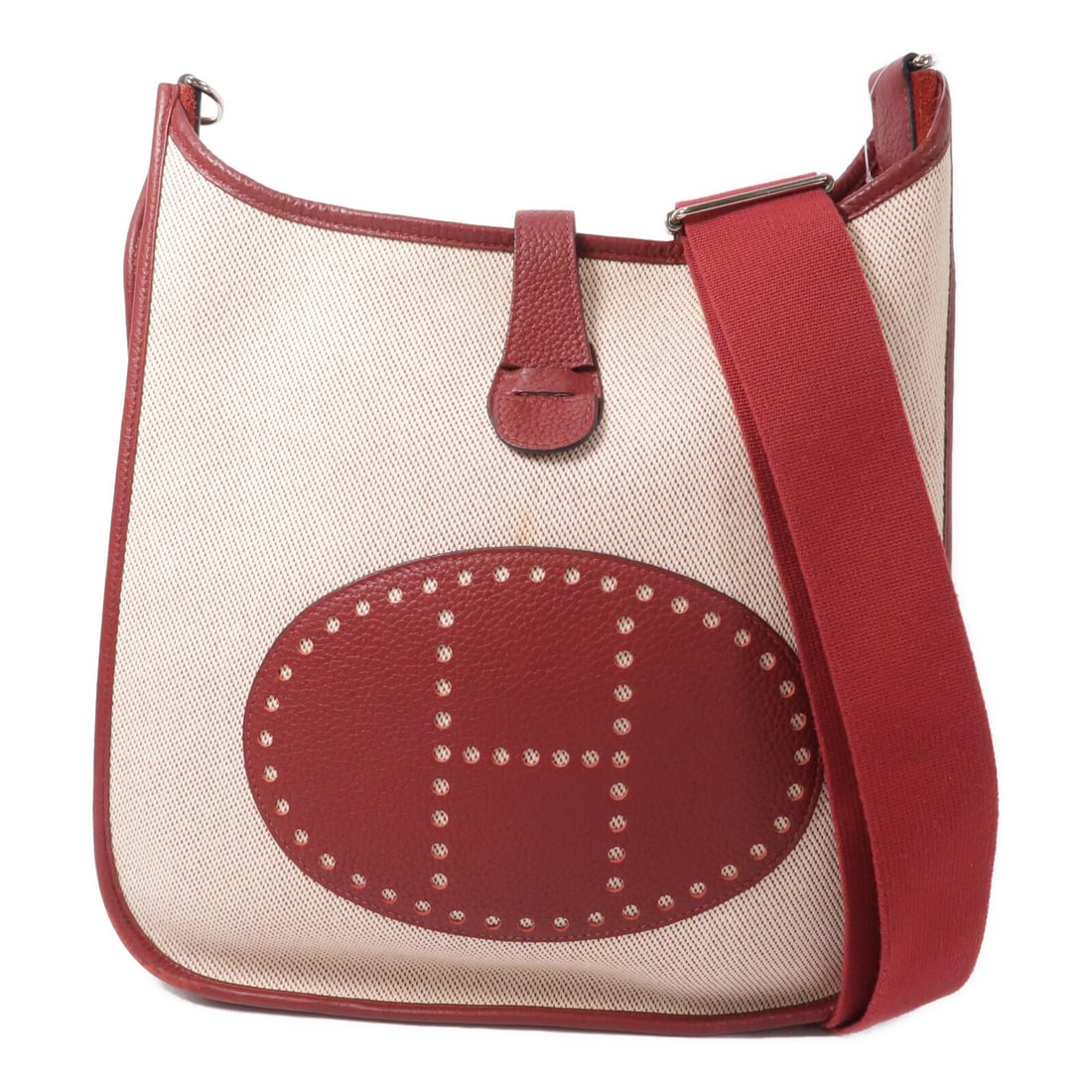 HERMES Evelyne PM Red Shoulder Bag Taurillon Clemence Canvas PHW: HERMES Evelyne PM Red Shoulder Bag Taurillon Clemence Canvas PHW Hermes Evelyne PM shoulder bag in Rouge red, made from Taurillon Clemence and calfskin (cowhide) with PHW. It features a shoulder strap