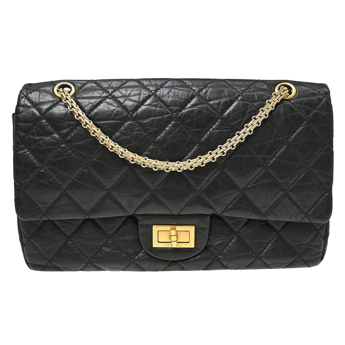 Chanel 2.55 Jumbo Classic Double Flap Bag Black Calfskin: Chanel 2.55 Jumbo Classic Double Flap Bag Black Calfskin Chanel 2.55 Jumbo Classic Double Flap Shoulder Bag in black calfskin with gold-tone hardware. The bag is in good condition with visible scratch